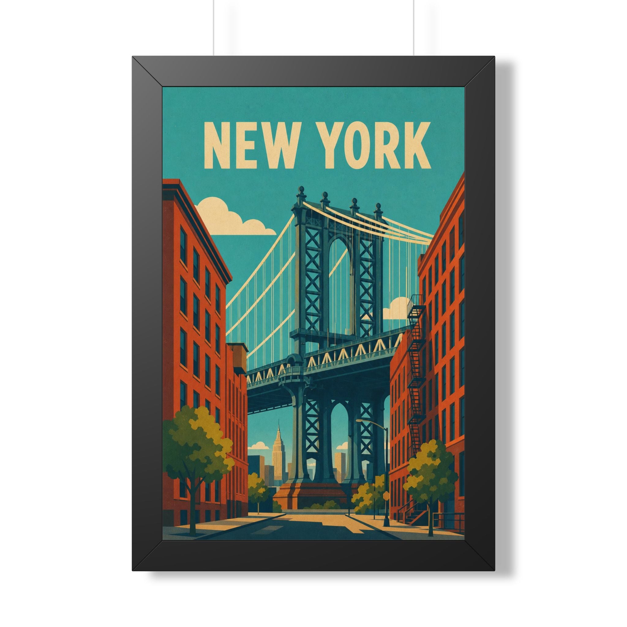 Manhattan Bridge New York United States Framed Poster | Vintage Travel Wall Art | Black Walnut White Frame | 16x24 20x30