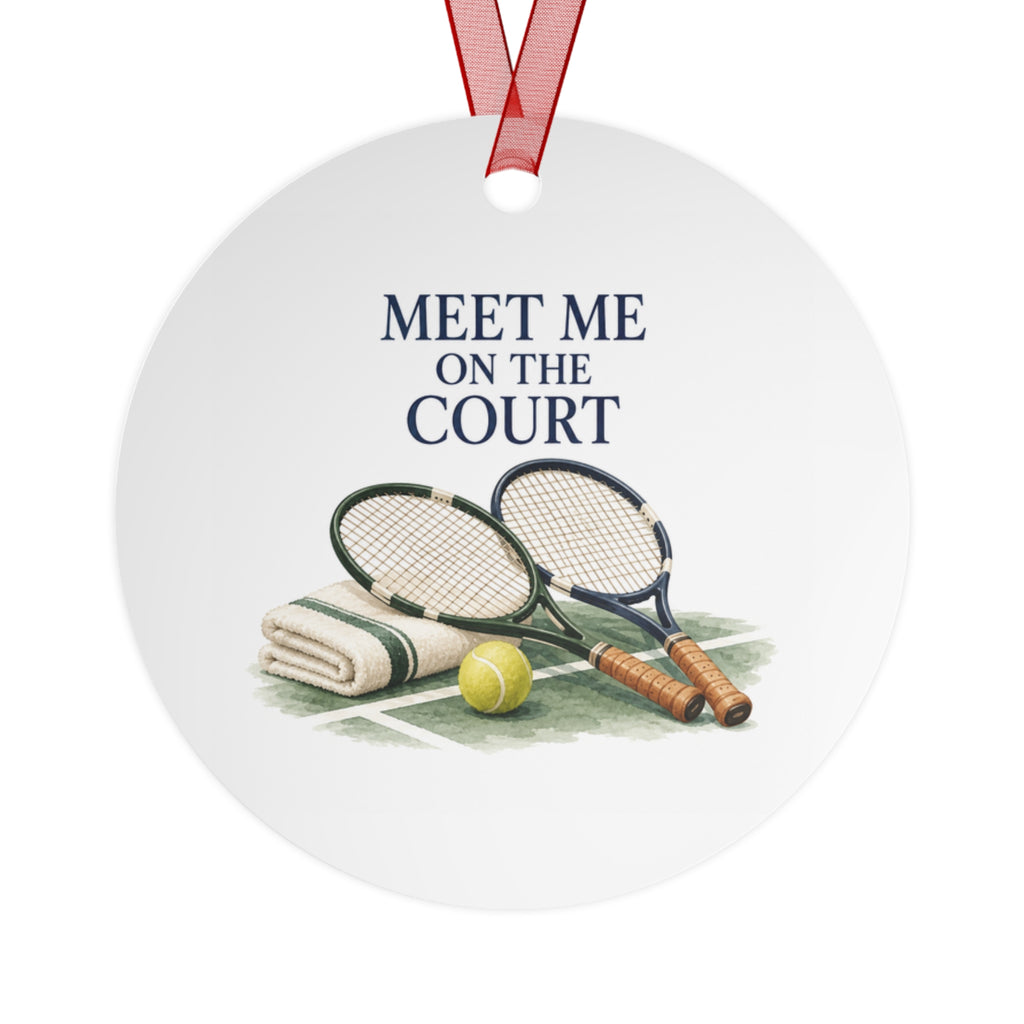 Back view of a round aluminum ornament with tennis artwork.