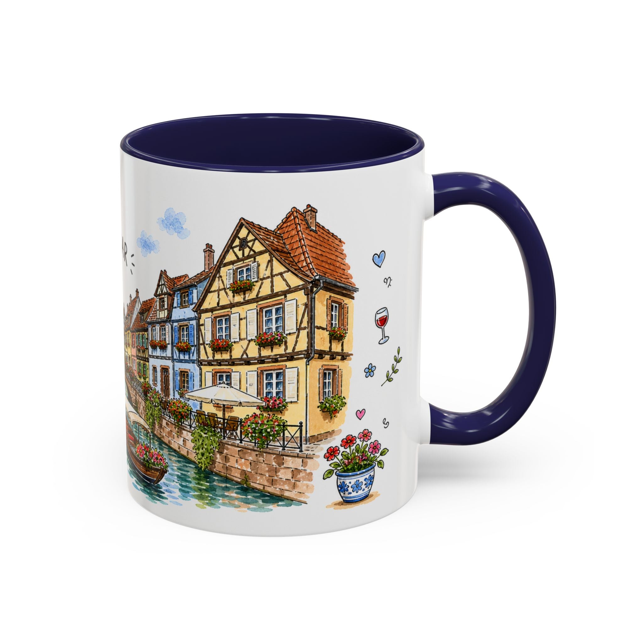 Colmar Illustrated Travel Mug | France Souvenir Accent Coffee Mug | 11oz 15oz Ceramic Cup