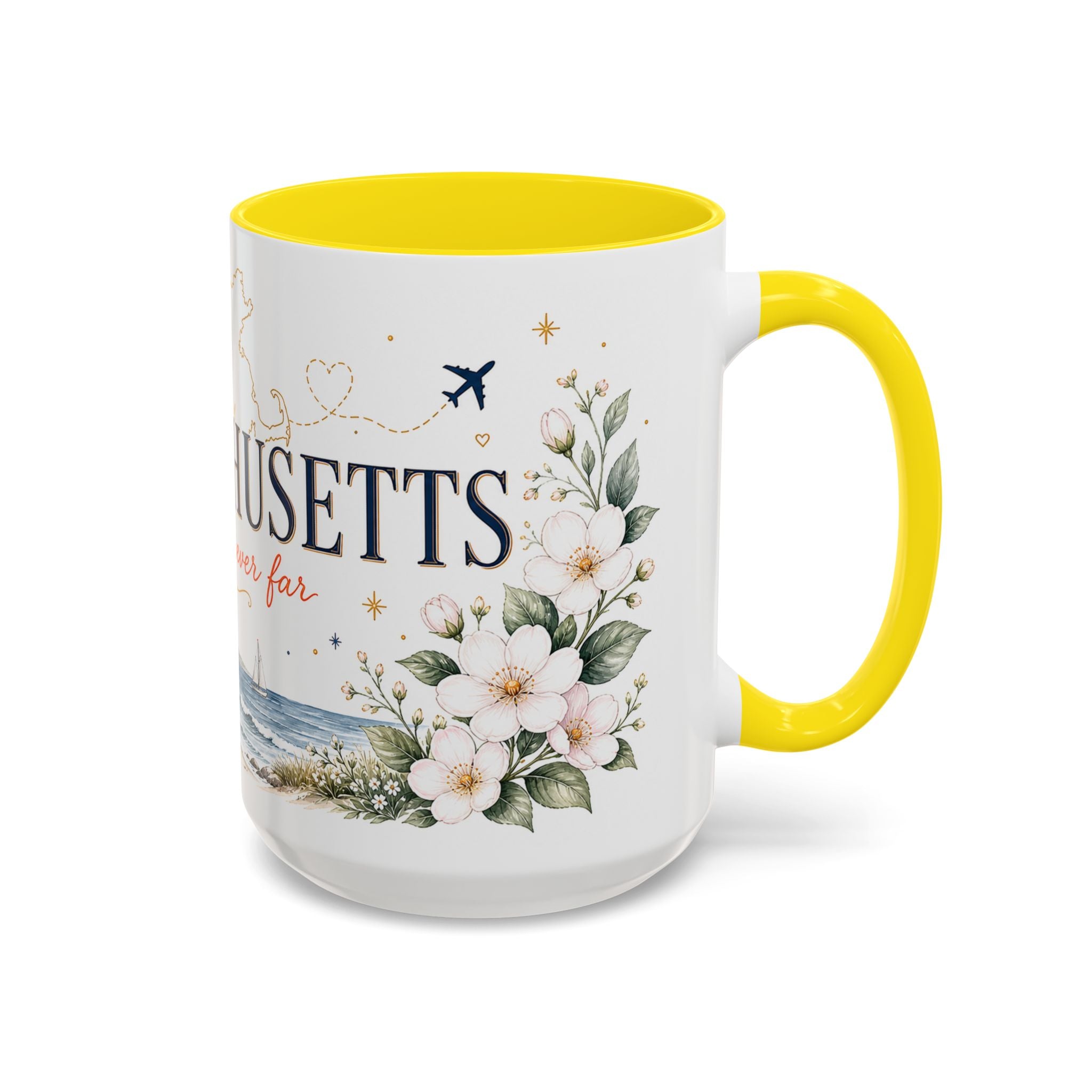Massachusetts State Map Mug | Coastal Scene, Botanical Accents (11oz, 15oz)
