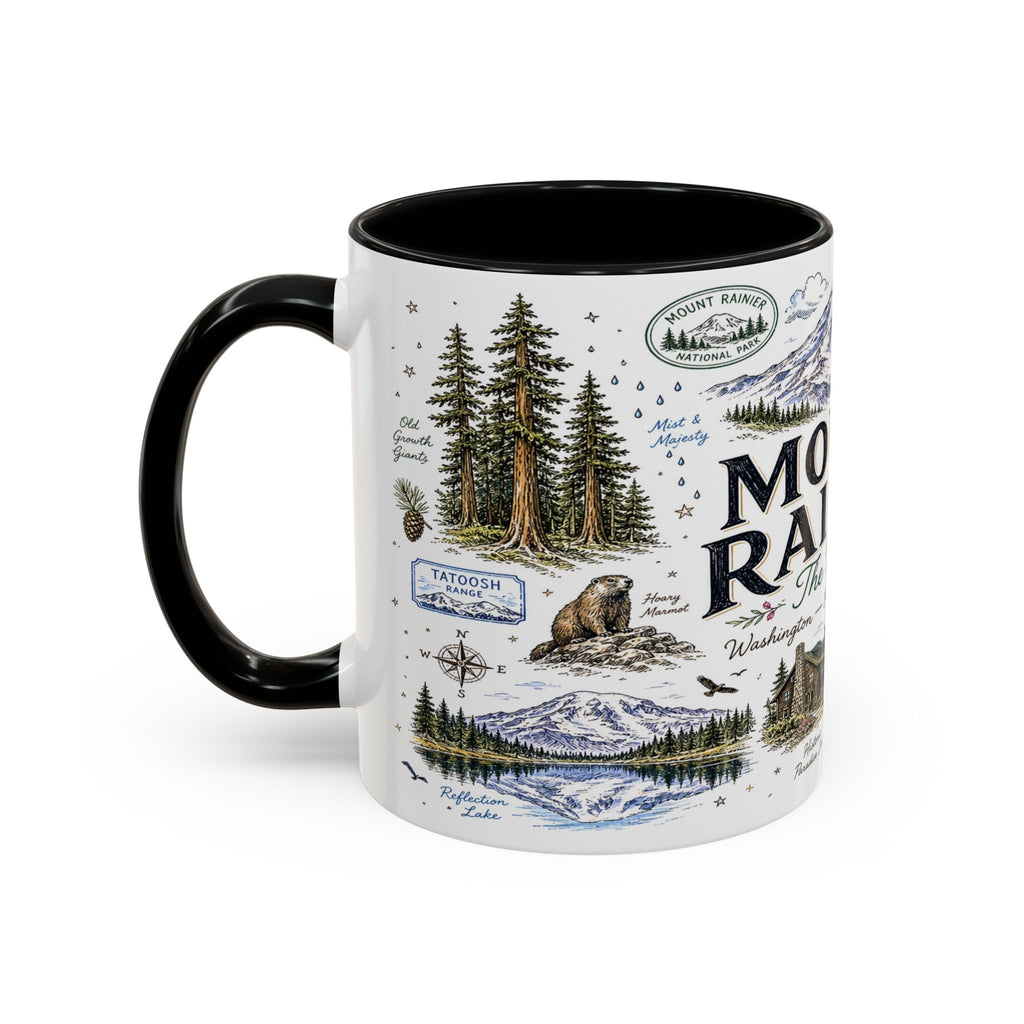 Mount Rainier Coffee Mug | National Park Hiking Washington Gift | Accent Color Ceramic 11oz 15oz