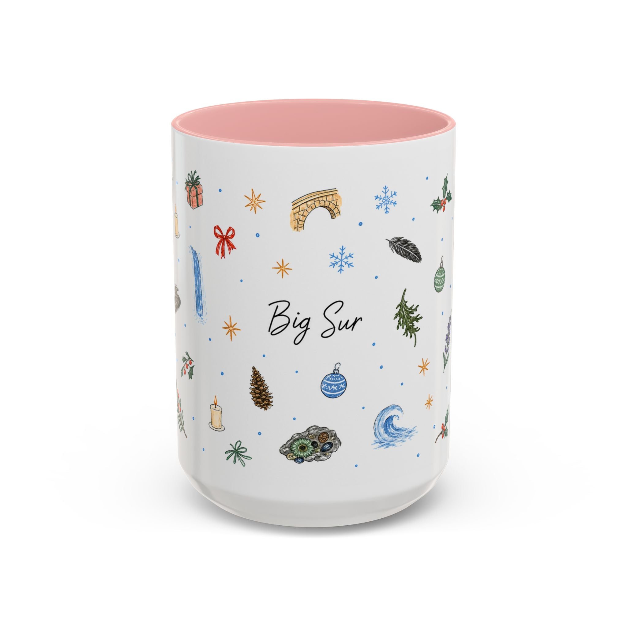 Big Sur Christmas Mug | Watercolor Travel Souvenir | Holiday Gift | Accent Ceramic Coffee Cup 11oz 15oz