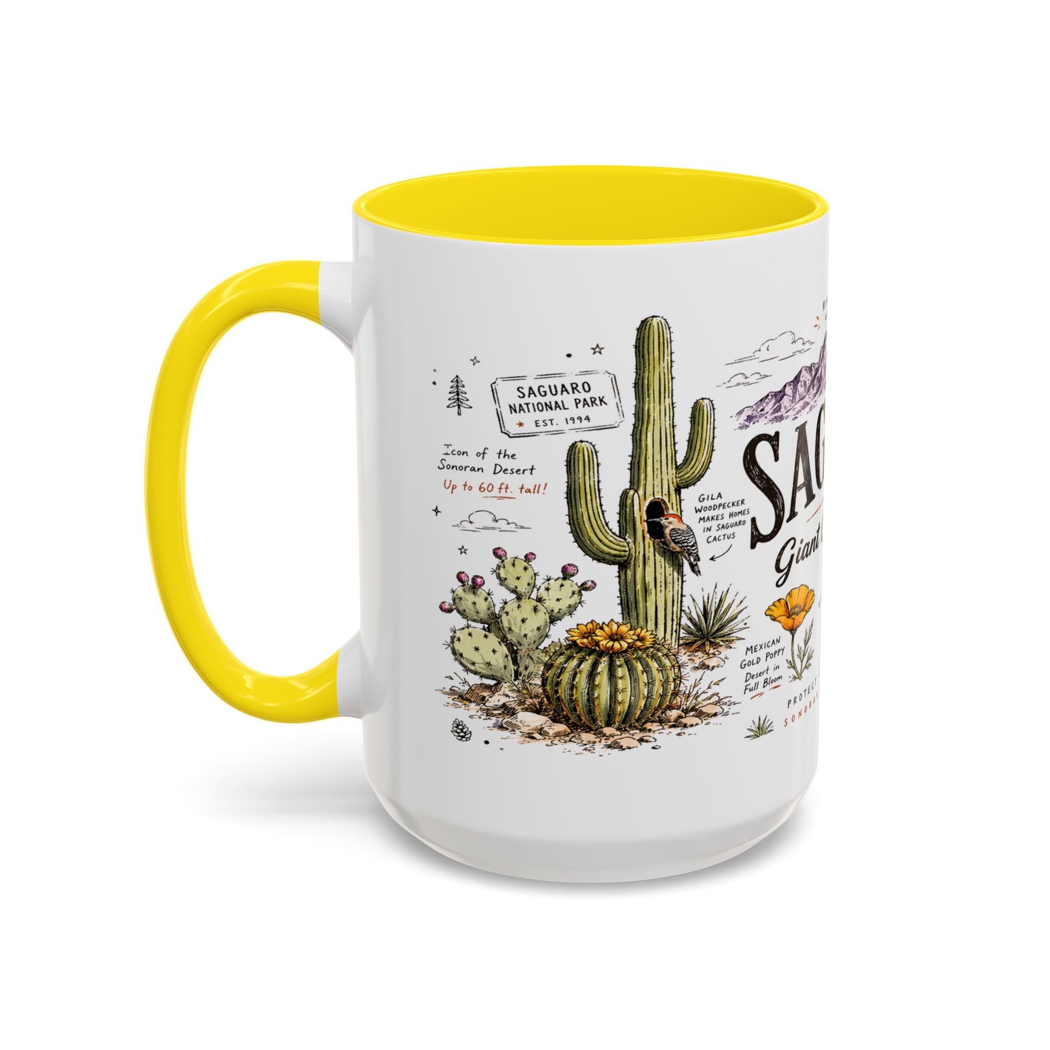 Saguaro National Park Coffee Mug | Arizona Desert Cactus Sunset Gift | Accent Color Ceramic 11oz 15oz