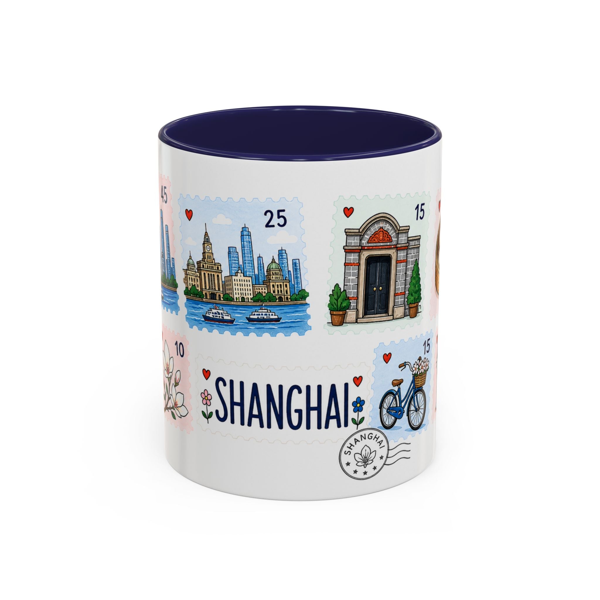 Shanghai Coffee Mug | Postage Stamp Collage Mug | Travel Souvenir Accent Cup 11oz 15oz