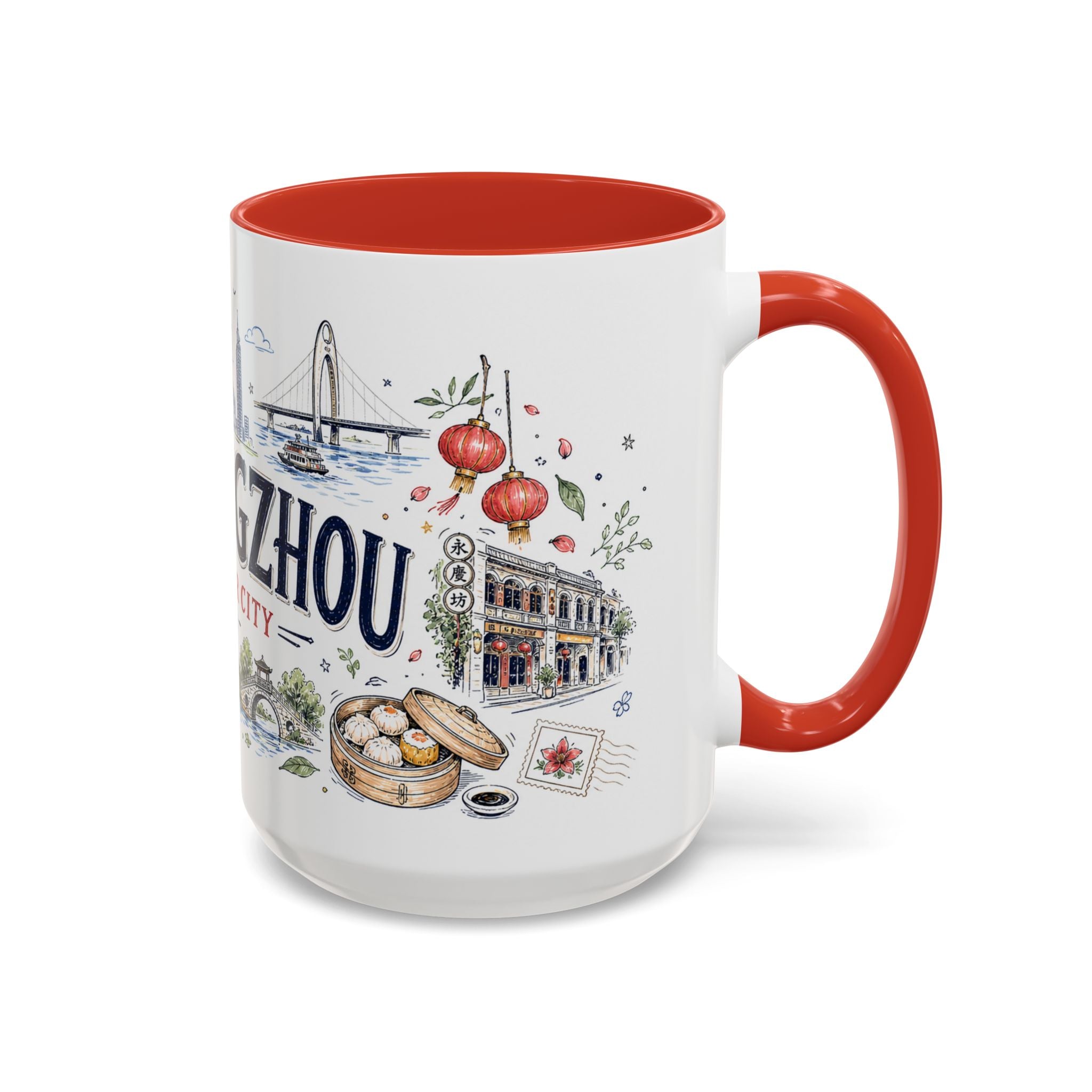 Guangzhou Coffee Mug | China Souvenir Travel Gift | Accent Color Ceramic 11oz 15oz