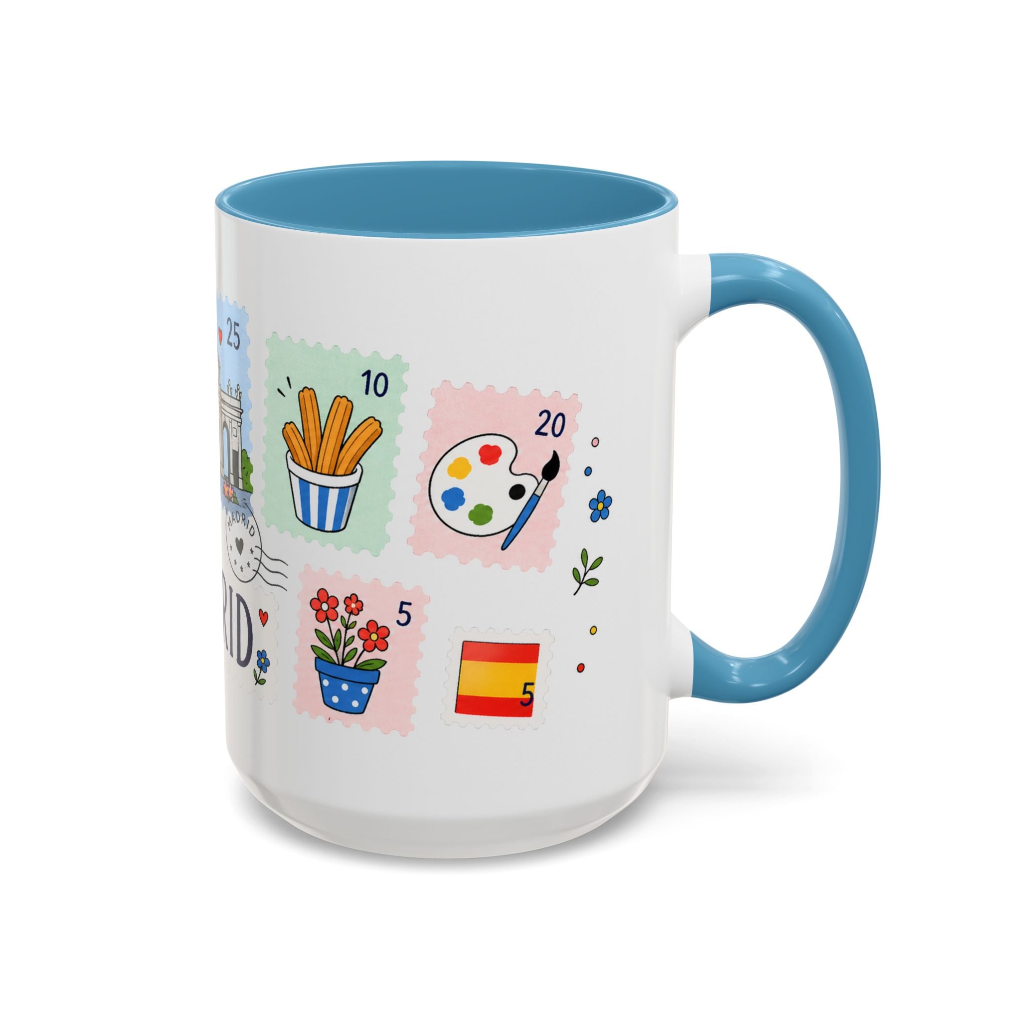 Madrid Coffee Mug | Postage Stamp Collage Mug | Travel Souvenir Accent Cup 11oz 15oz