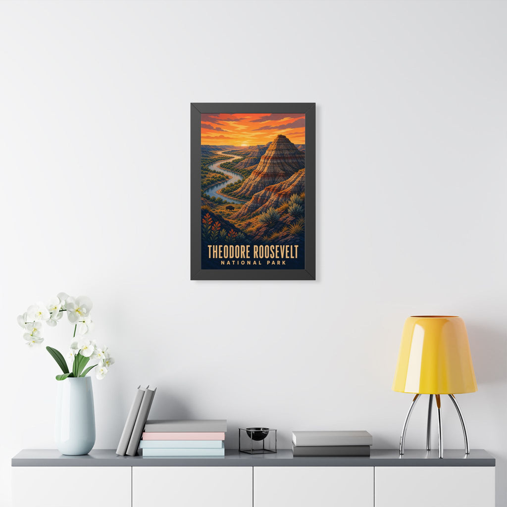 Theodore Roosevelt National Park Framed Poster | Vintage Travel Wall Art | Black Walnut White Frame | 16x24 20x30