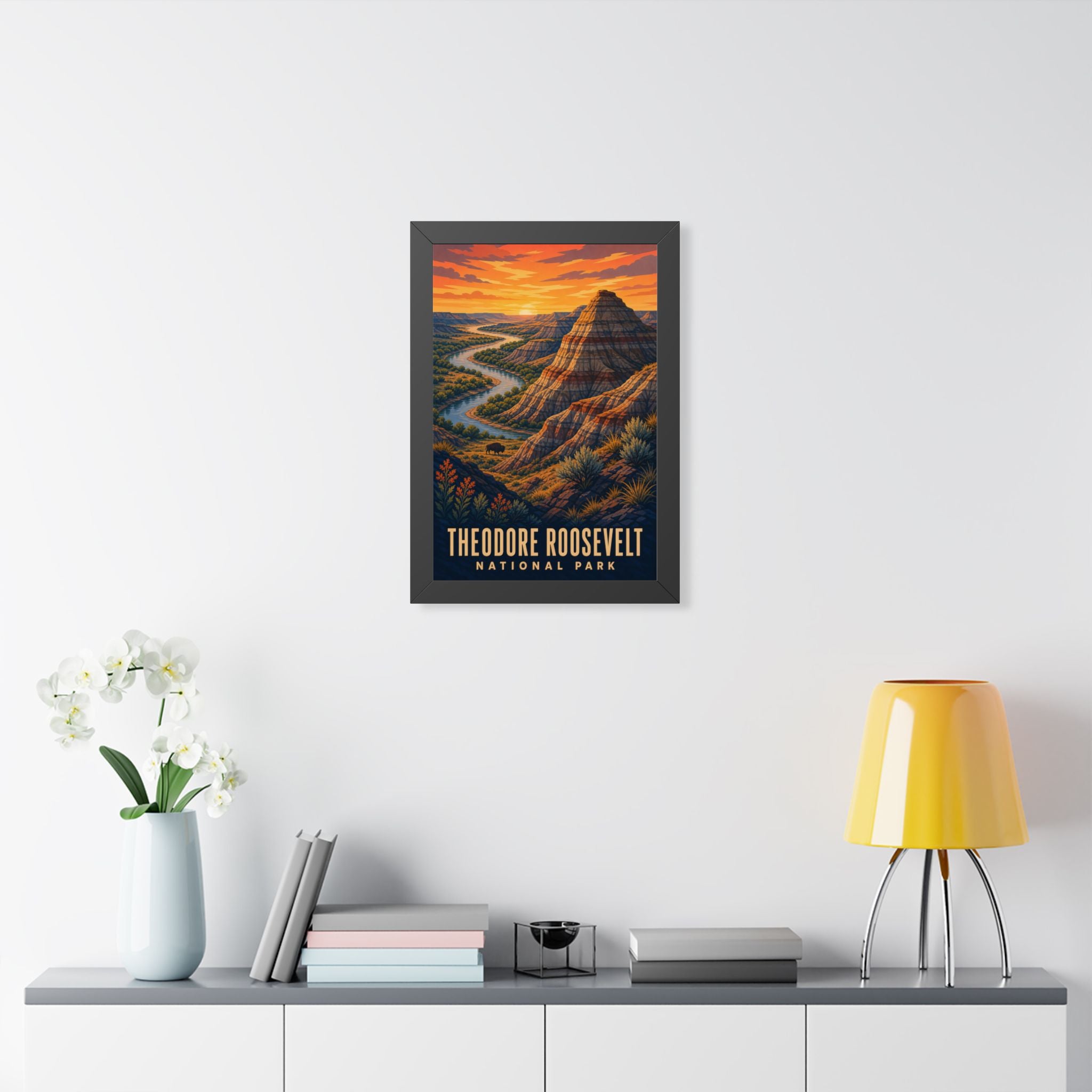 Theodore Roosevelt National Park Framed Poster | Vintage Travel Wall Art | Black Walnut White Frame | 16x24 20x30