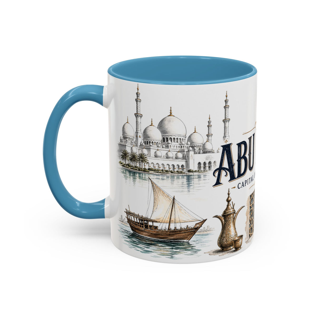 Abu Dhabi Coffee Mug | United Arab Emirates Travel Souvenir | Vintage Illustrated City Gift | 11 oz 15 oz Accent Mug