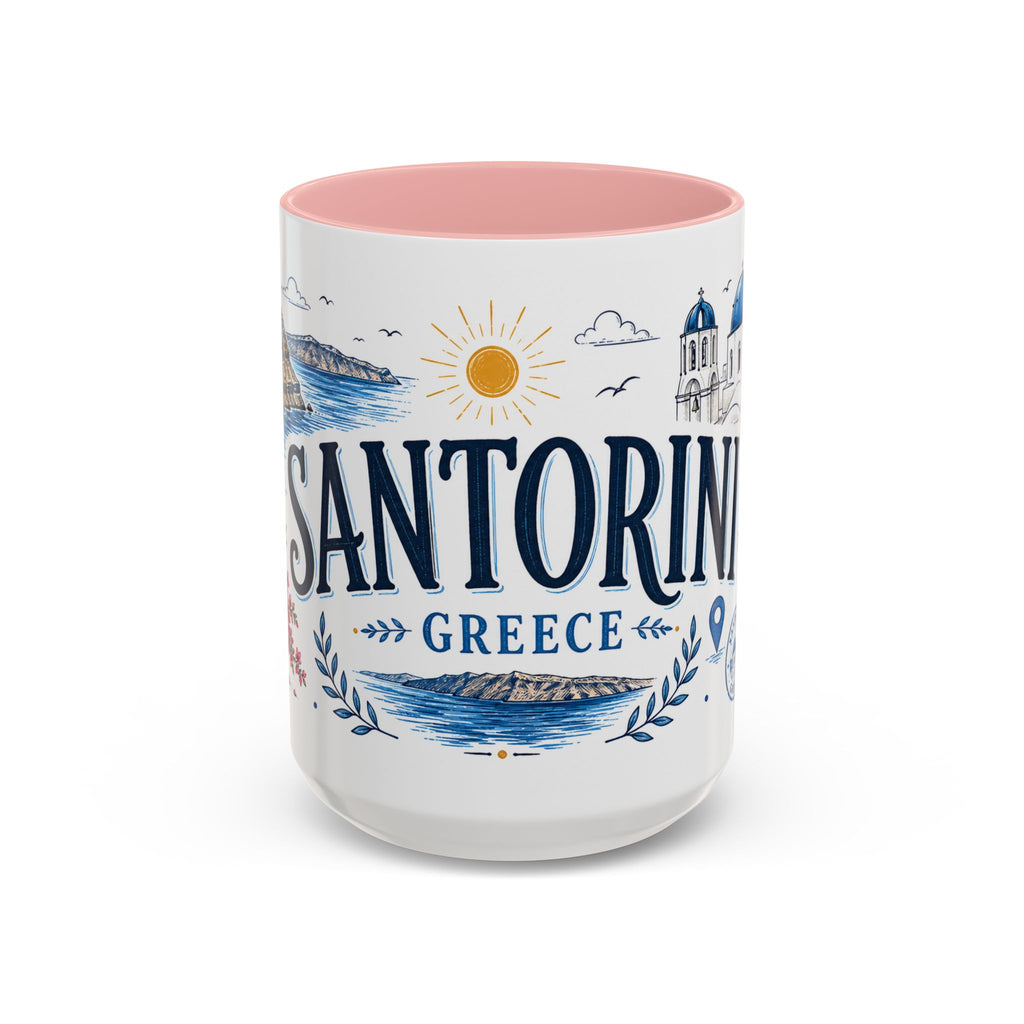 Santorini Coffee Mug | Travel Destination Souvenir Gift | Accent Color Ceramic 11oz 15oz