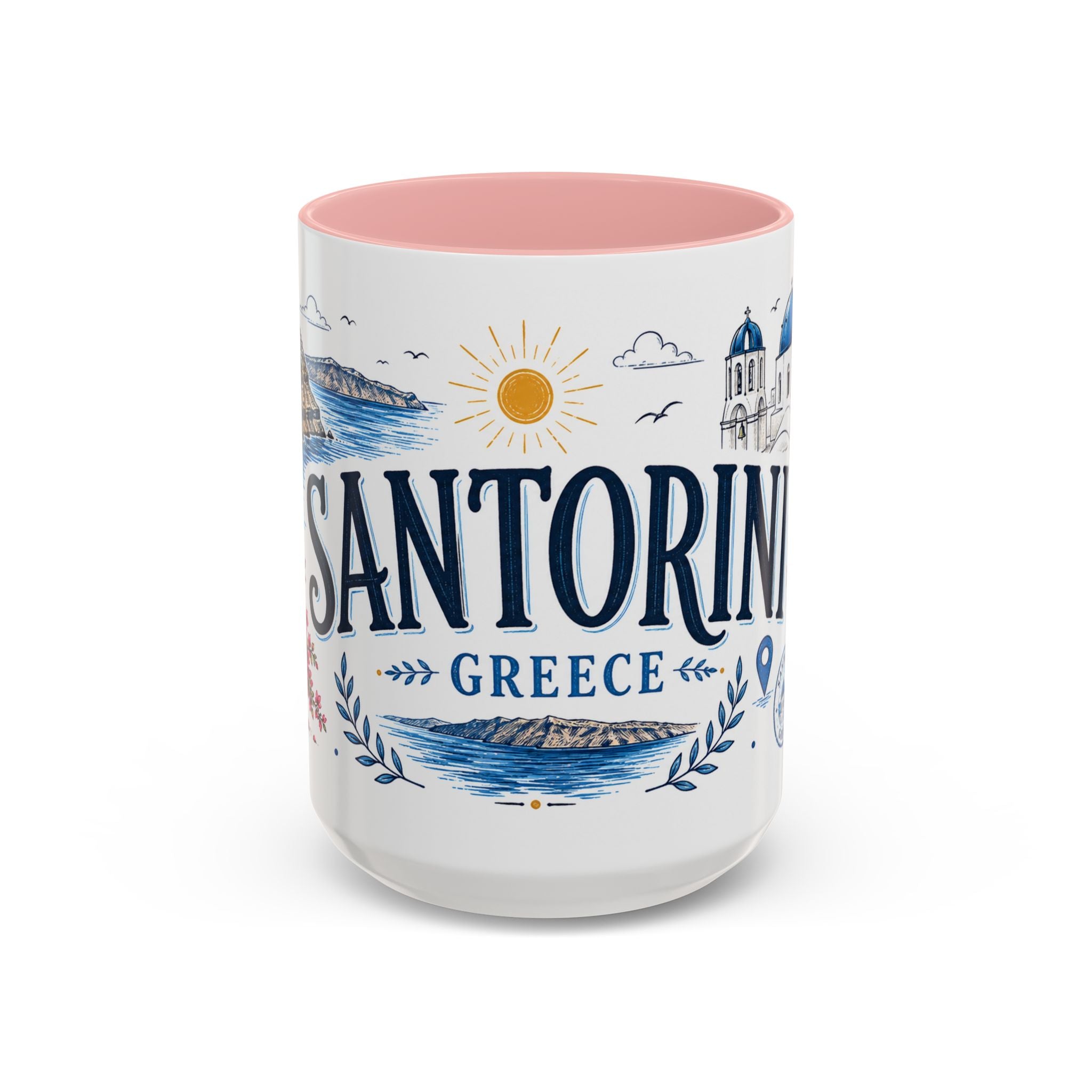 Santorini Coffee Mug | Travel Destination Souvenir Gift | Accent Color Ceramic 11oz 15oz