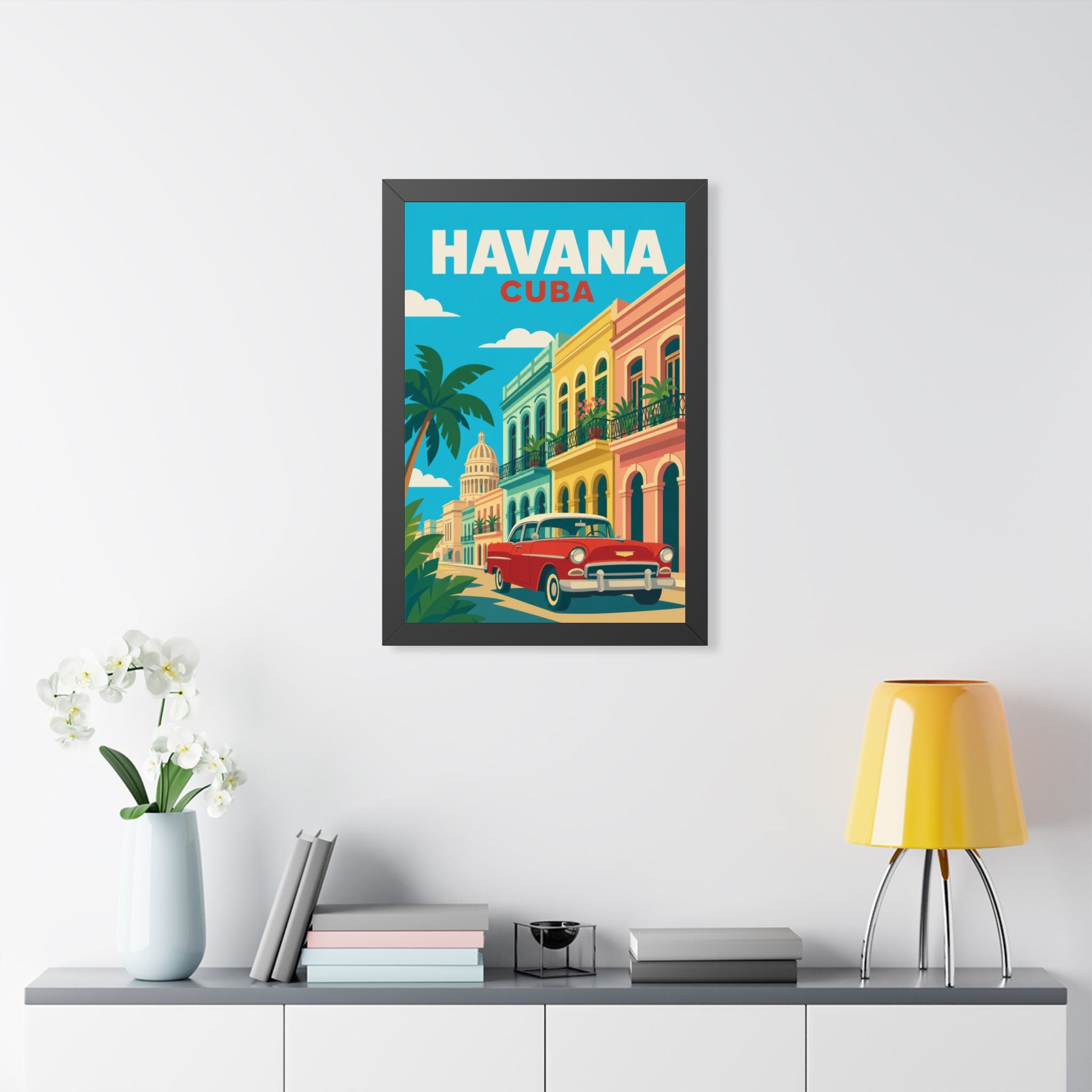 Havana Cuba Framed Poster | Vintage Travel Wall Art | Black Walnut White Frame | 16x24 20x30