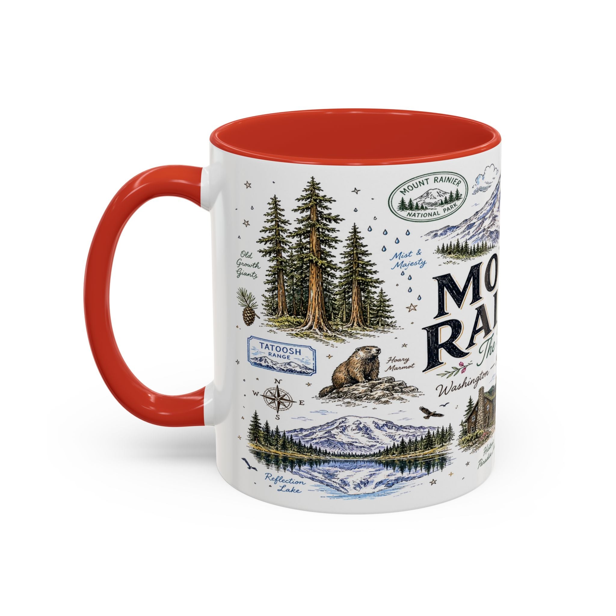 Mount Rainier Coffee Mug | National Park Hiking Washington Gift | Accent Color Ceramic 11oz 15oz