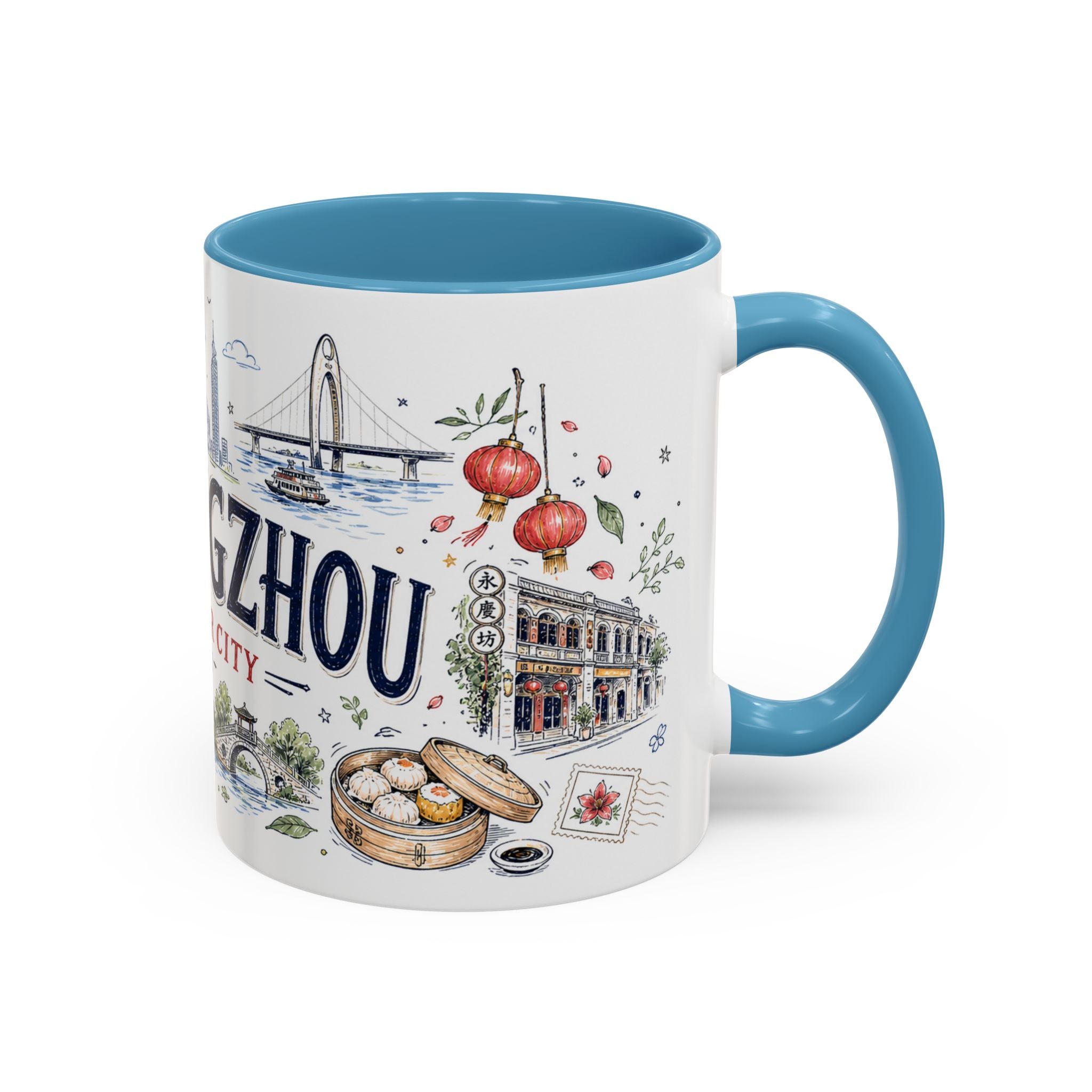 Guangzhou Coffee Mug | China Souvenir Travel Gift | Accent Color Ceramic 11oz 15oz
