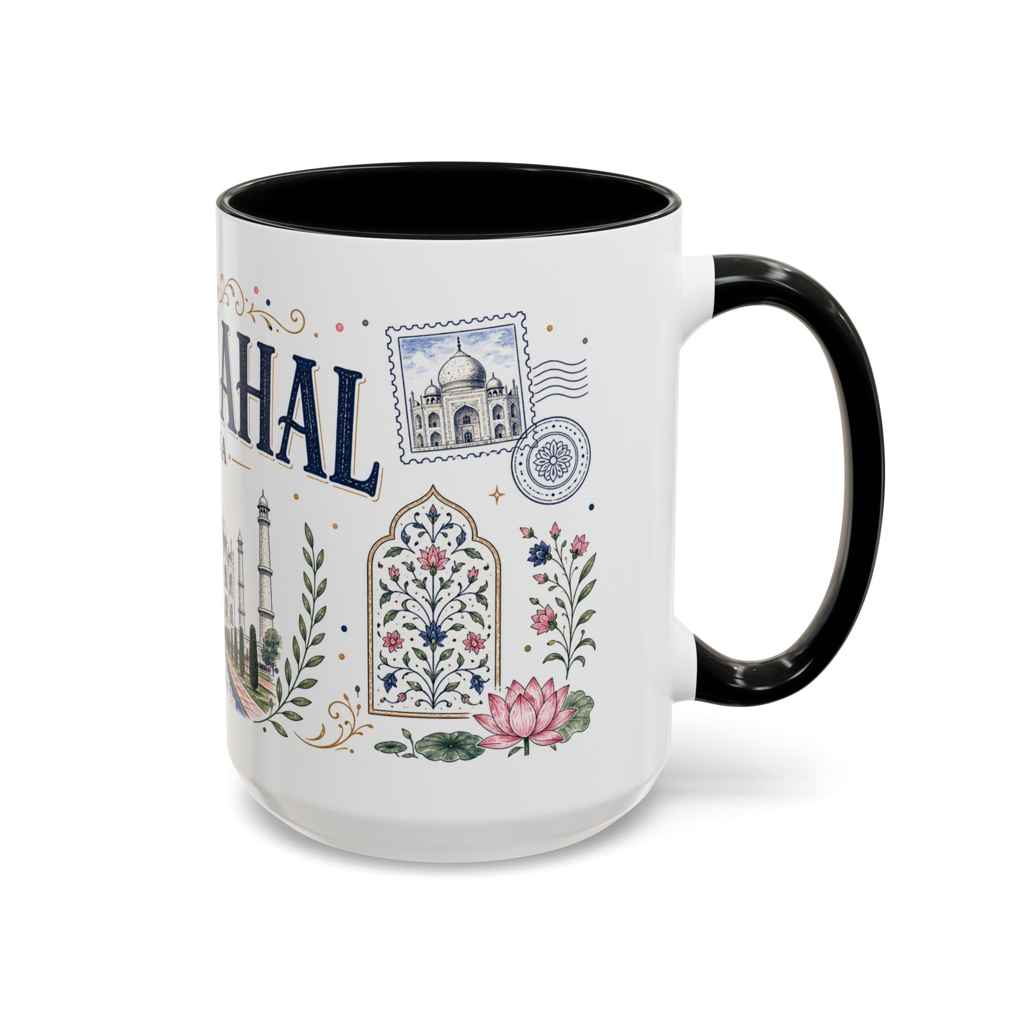 Taj Mahal Coffee Mug | Travel Destination Souvenir Gift | Accent Color Ceramic 11oz 15oz