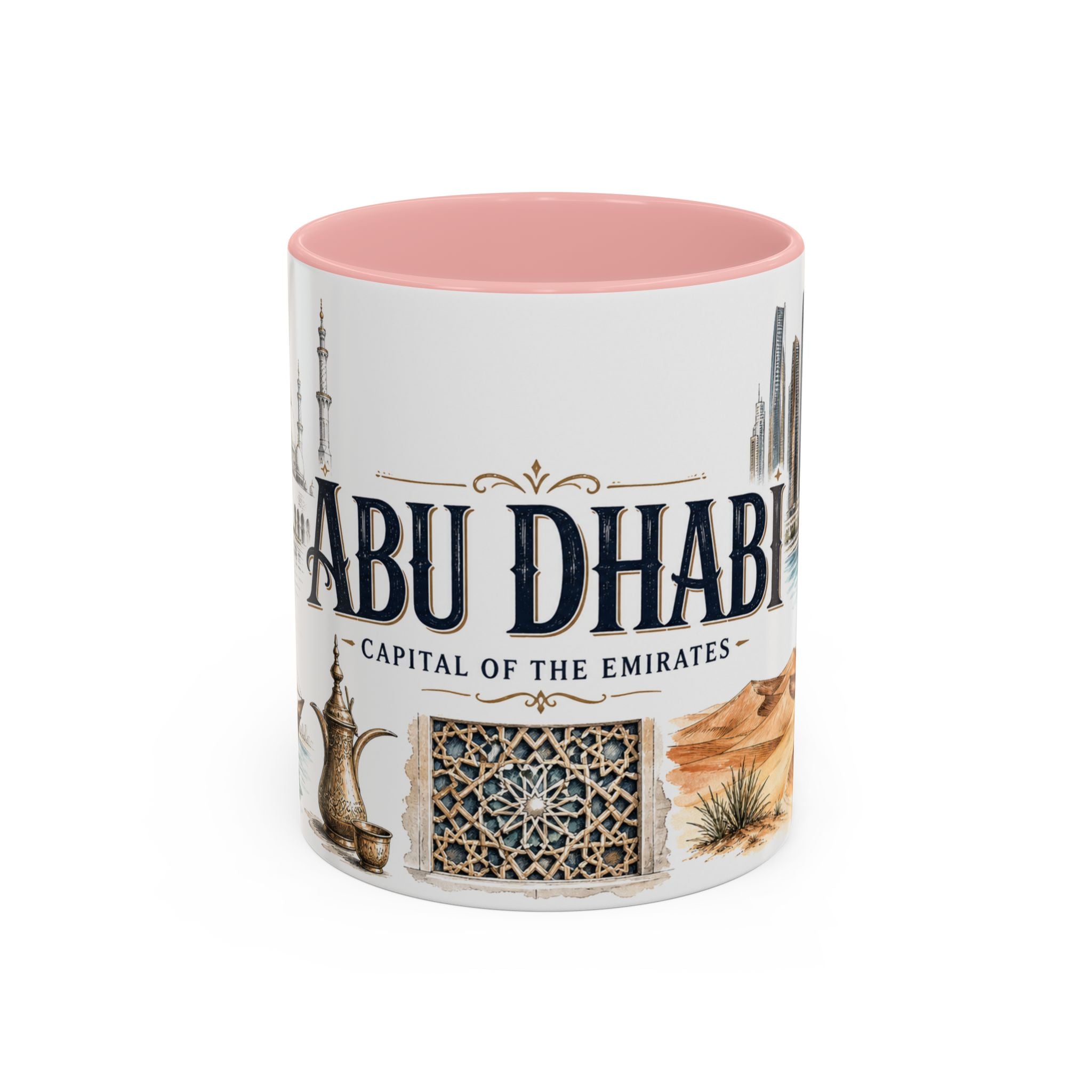 Abu Dhabi Coffee Mug | United Arab Emirates Travel Souvenir | Vintage Illustrated City Gift | 11 oz 15 oz Accent Mug