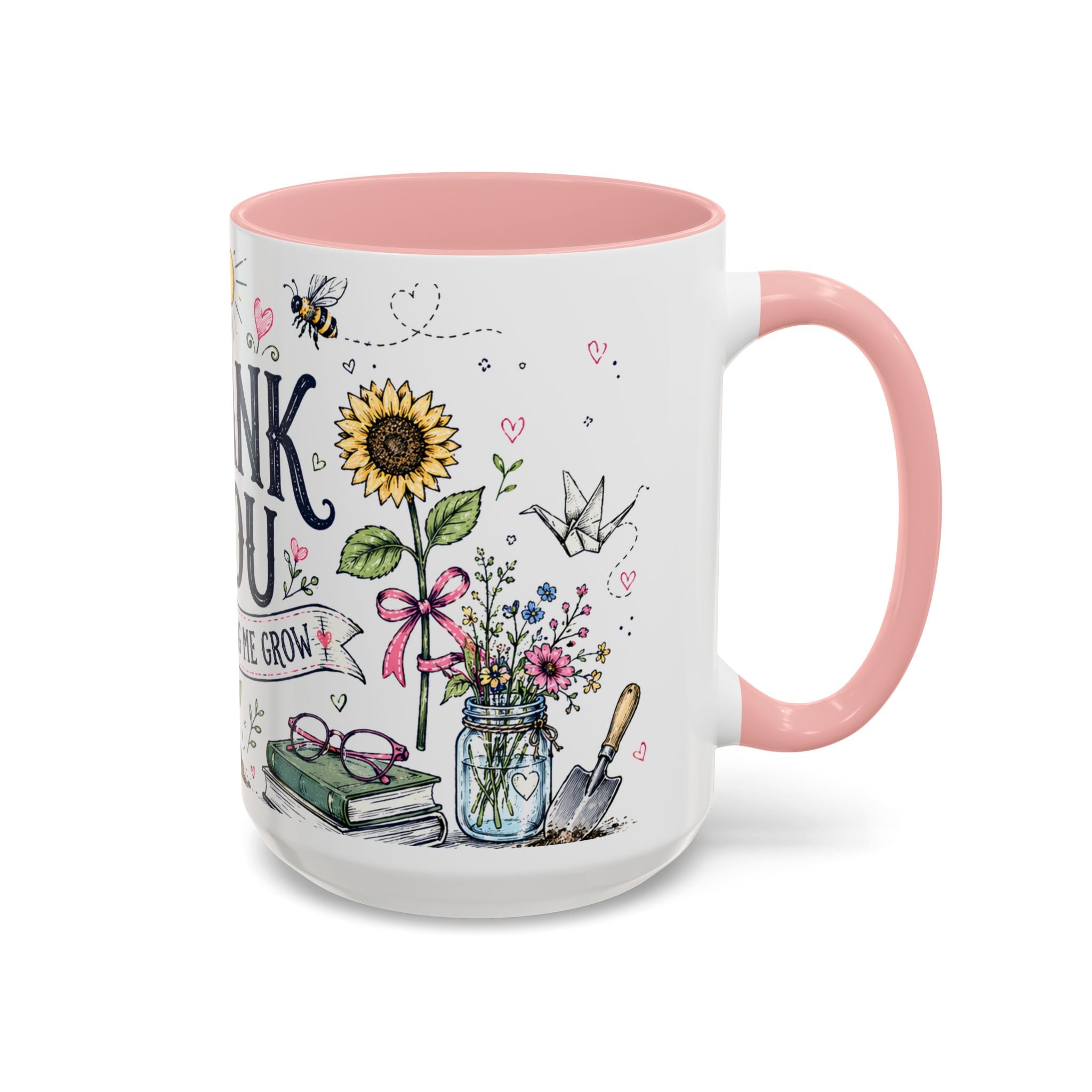 Thank You Teacher Coffee Mug | For Helping Me Grow Appreciation Gift | Accent Color Ceramic 11oz 15oz