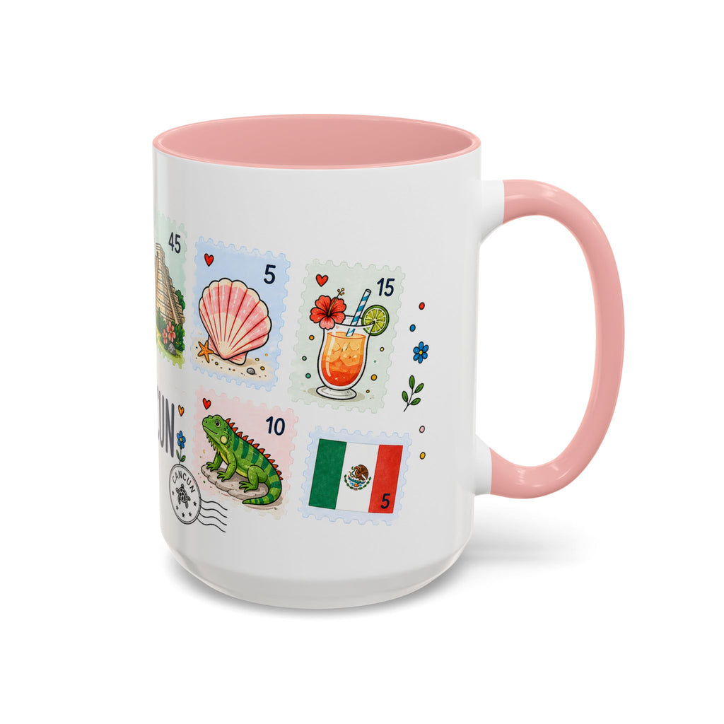 Cancun Coffee Mug | Postage Stamp Collage Mug | Travel Souvenir Accent Cup 11oz 15oz