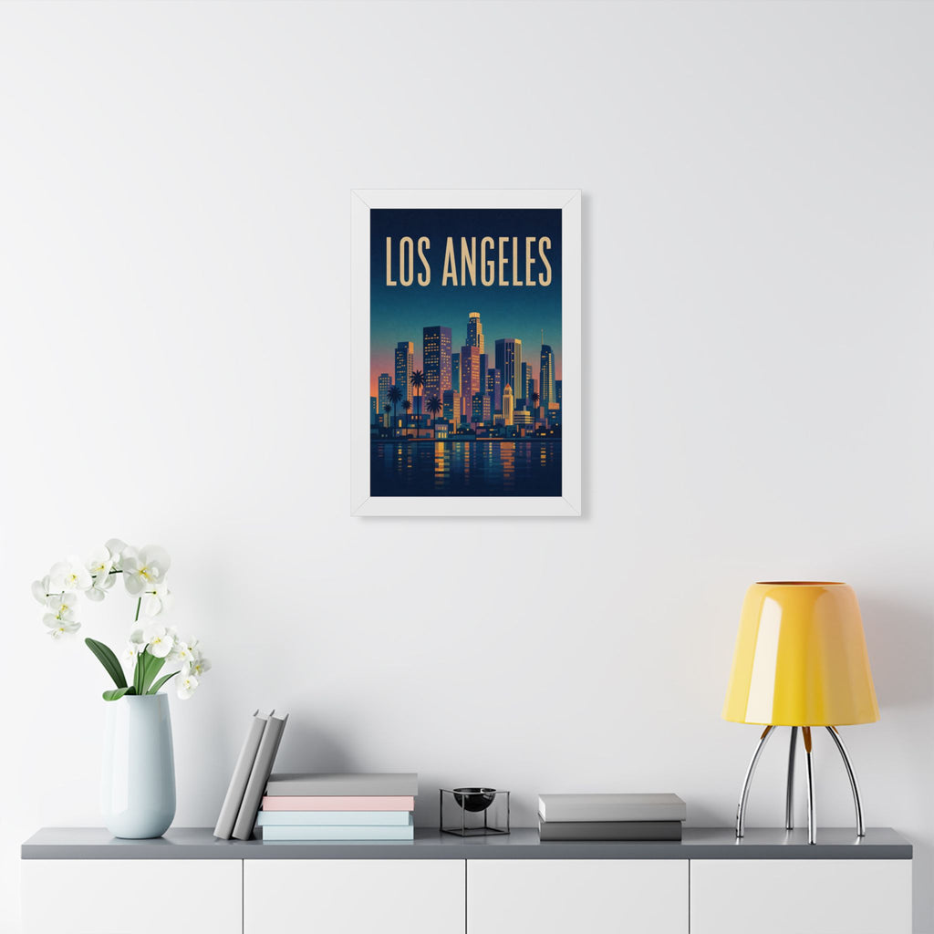 Los Angeles at Night United States Framed Poster | Vintage Travel Wall Art | Black Walnut White Frame | 16x24 20x30