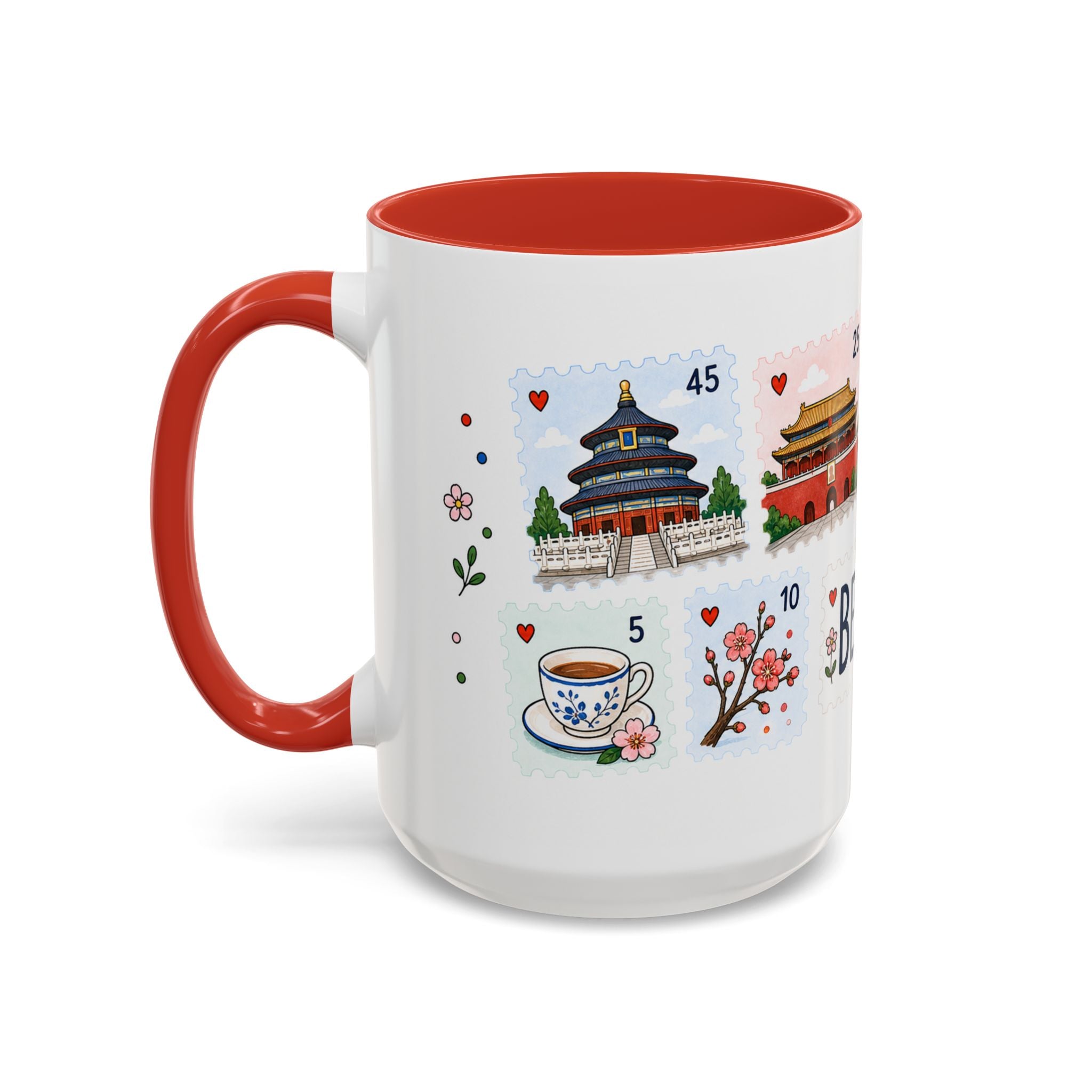 Beijing Coffee Mug | Postage Stamp Collage Mug | Travel Souvenir Accent Cup 11oz 15oz