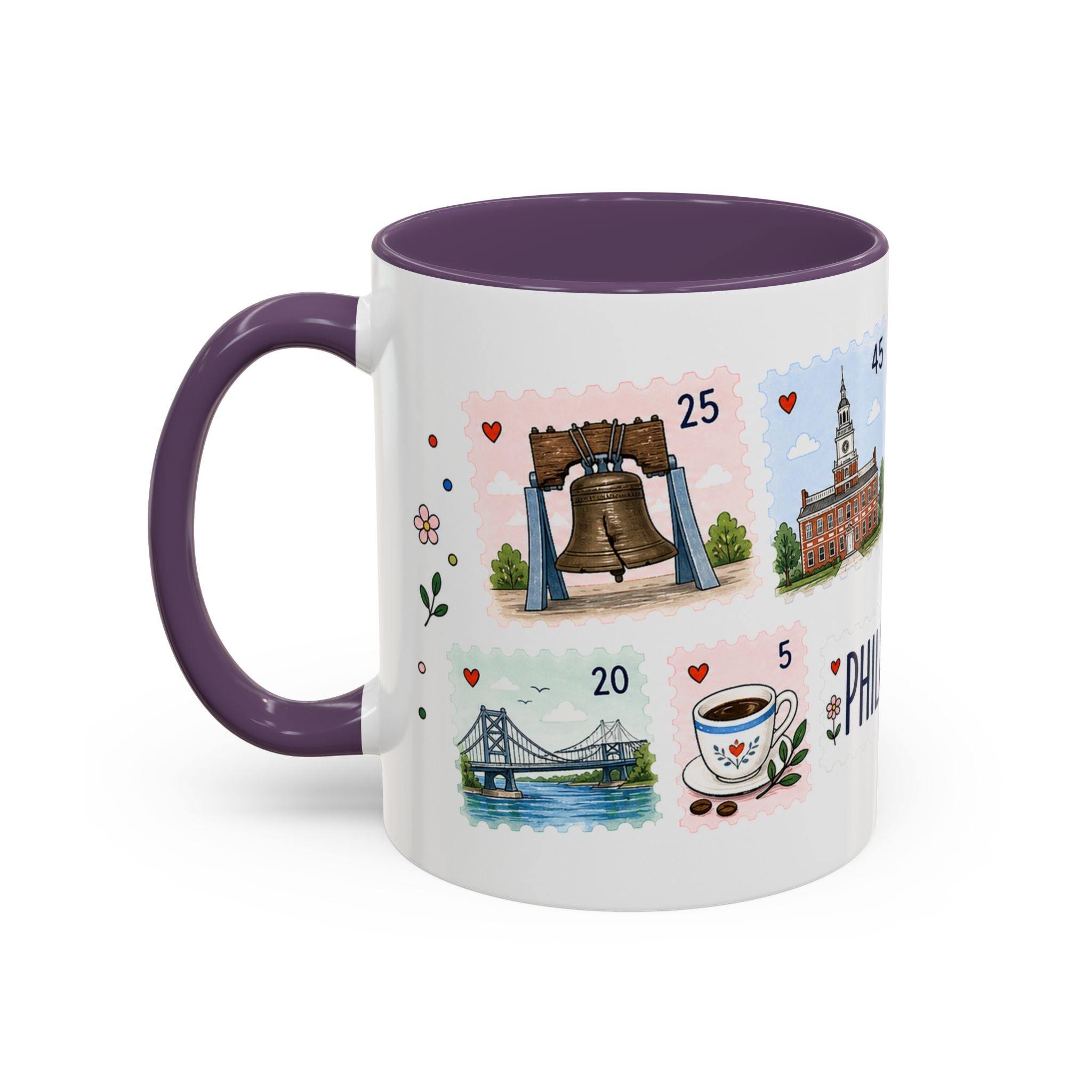 Philadelphia Coffee Mug | Postage Stamp Collage Mug | Travel Souvenir Accent Cup 11oz 15oz