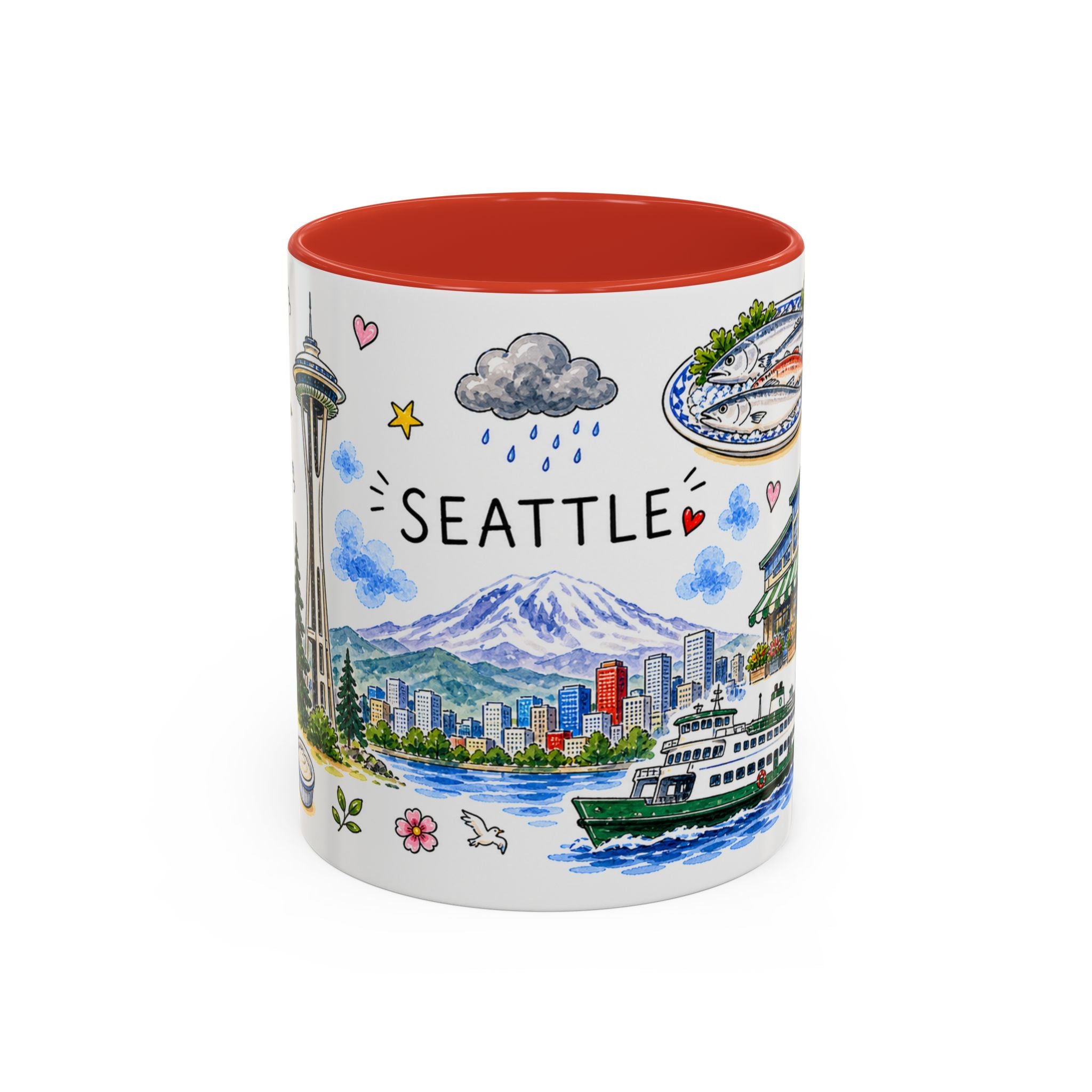 Seattle Illustrated Travel Mug | City Souvenir Accent Coffee Mug | 11oz 15oz Ceramic Cup