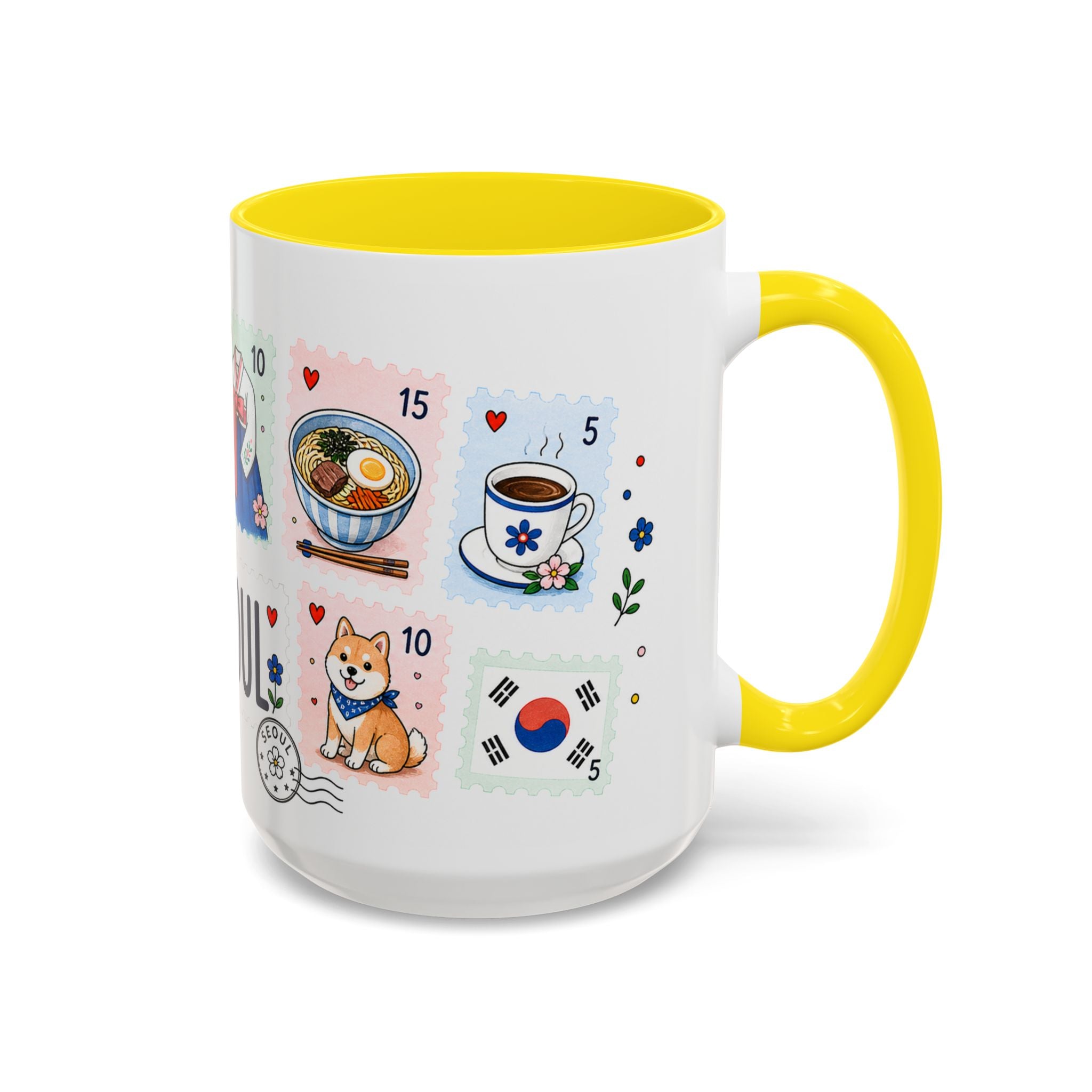 Seoul Coffee Mug | Postage Stamp Collage Mug | Travel Souvenir Accent Cup 11oz 15oz