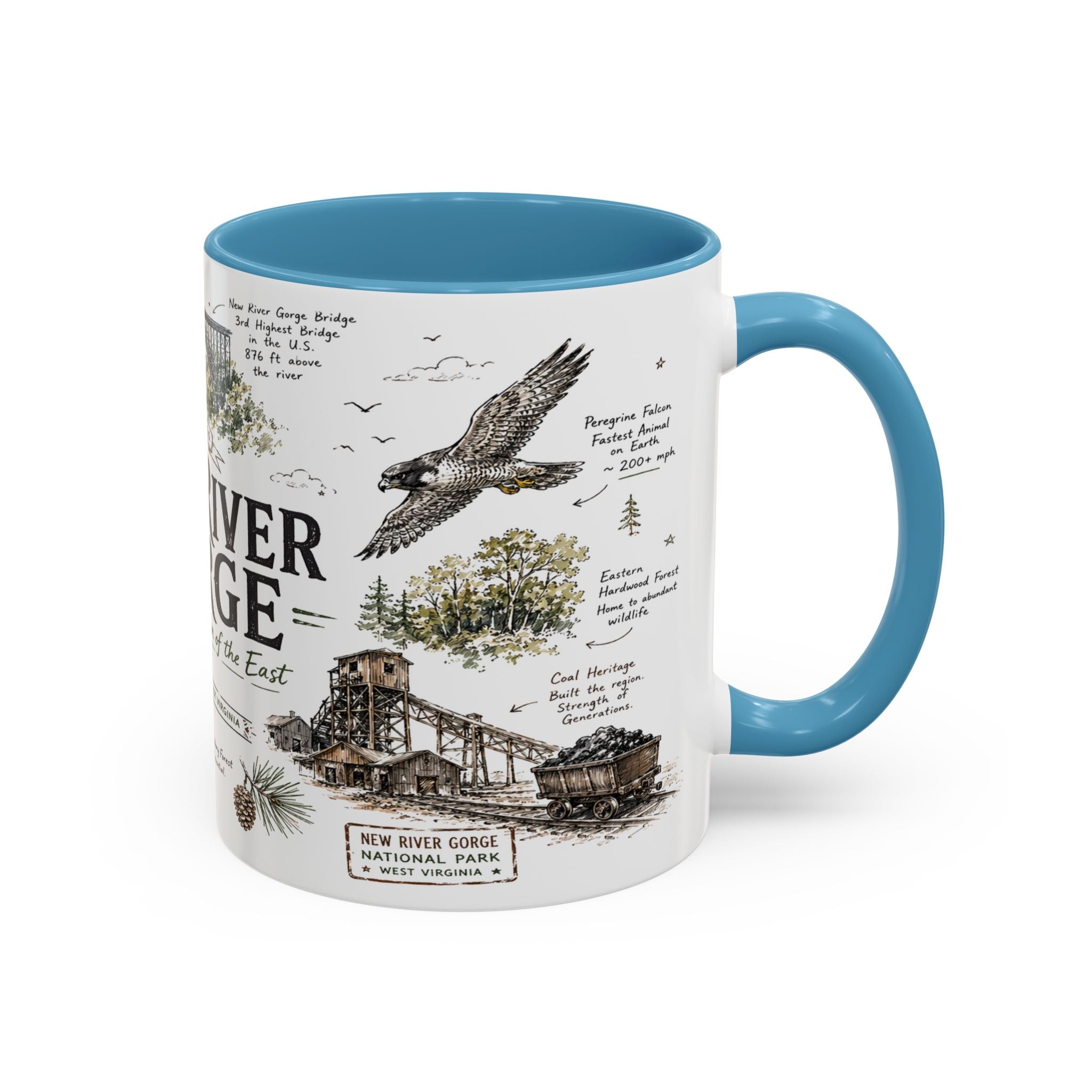 New River Gorge National Park Coffee Mug | West Virginia River Canyon Climbing Gift | Accent Color Ceramic 11oz 15oz
