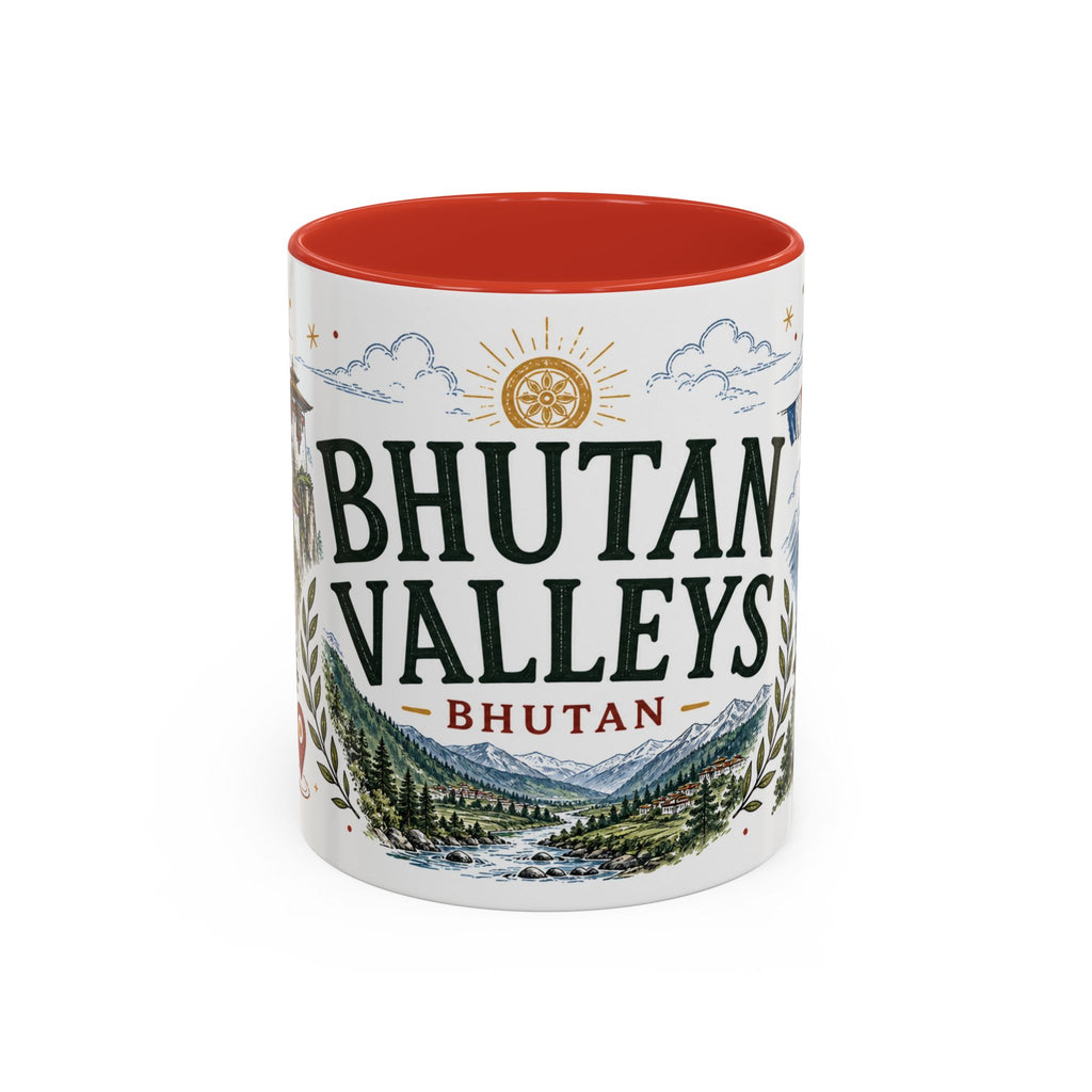 Bhutan Valleys Coffee Mug | Travel Destination Souvenir Gift | Accent Color Ceramic 11oz 15oz
