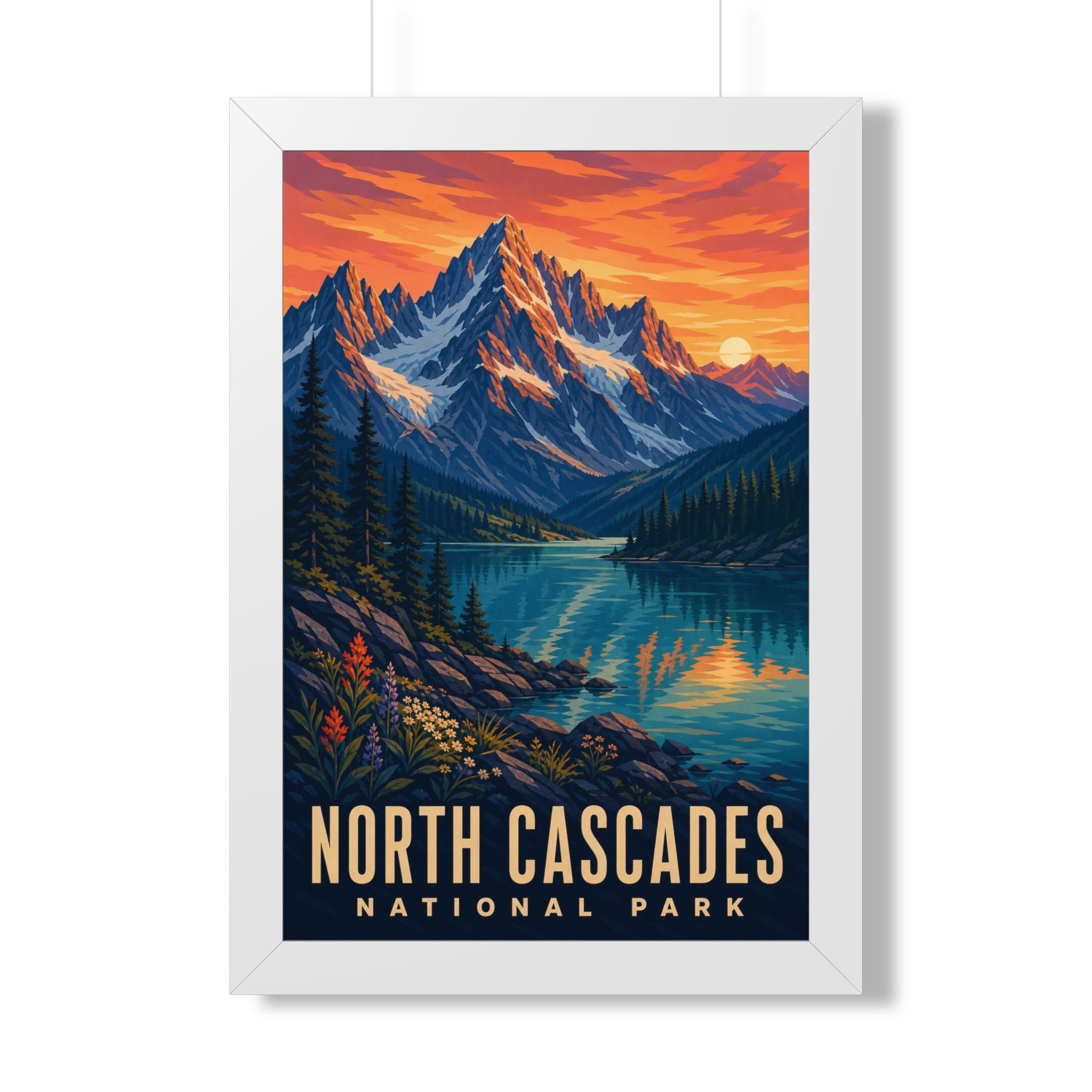 North Cascades National Park Framed Poster | Vintage Travel Wall Art | Black Walnut White Frame | 16x24 20x30
