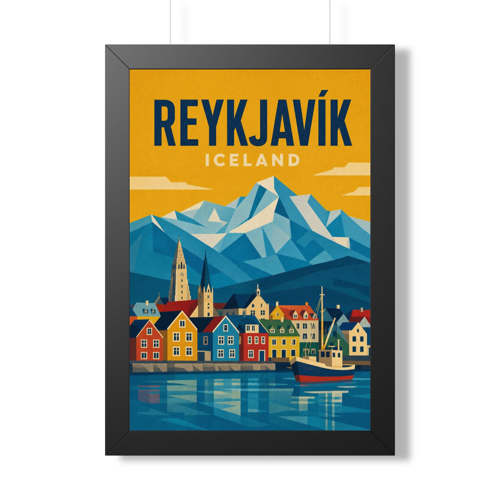 Reykjavík Iceland Framed Poster | Vintage Travel Wall Art | Black Walnut White Frame | 16x24 20x30