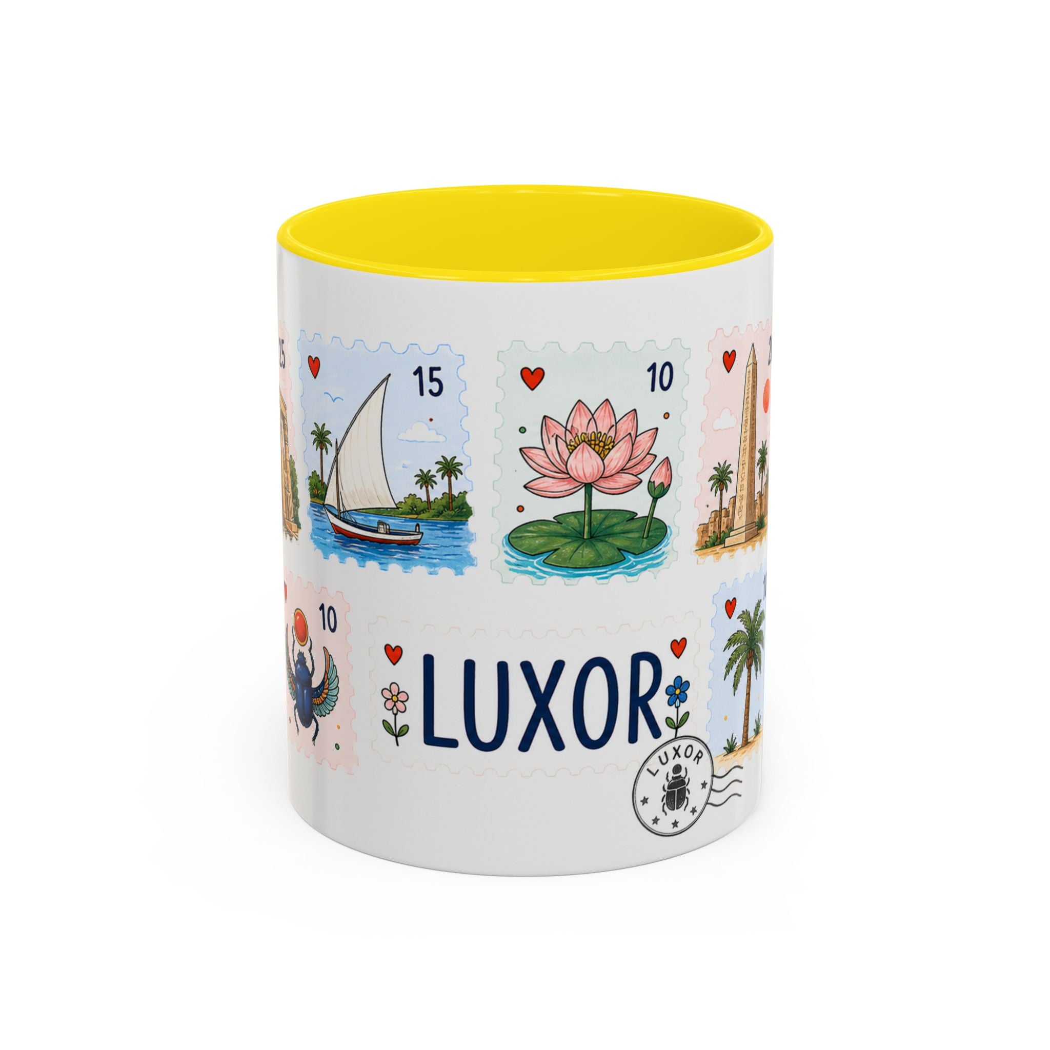 Luxor Coffee Mug | Postage Stamp Collage Mug | Travel Souvenir Accent Cup 11oz 15oz