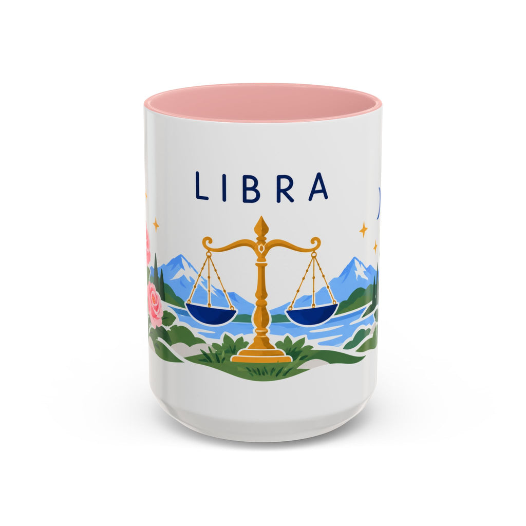 Libra Zodiac Coffee Mug | Scales and Rose Design | Astrology Birthday Gift | 11 oz 15 oz Ceramic Accent Mug