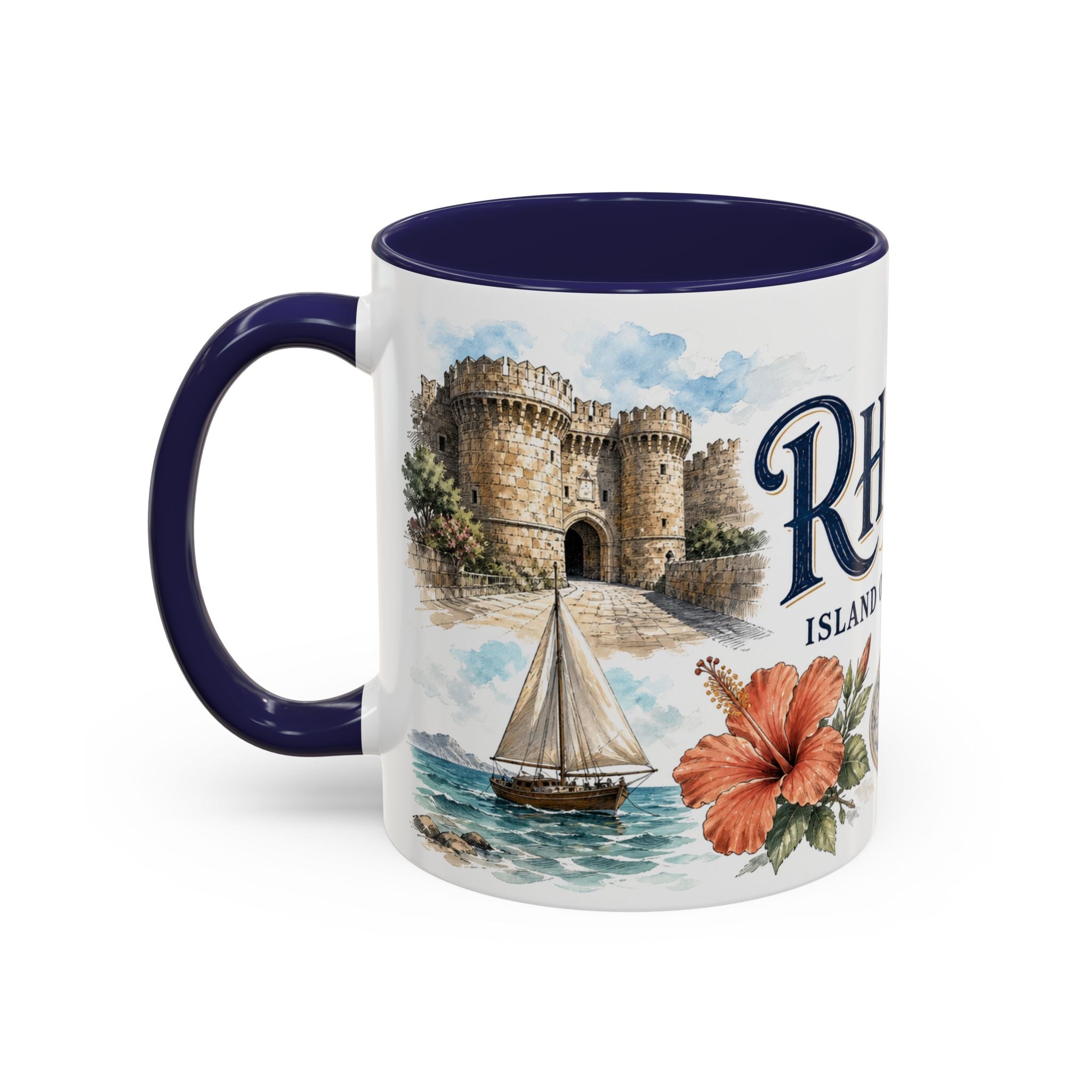 Rhodes Coffee Mug | Greece Travel Souvenir | Vintage Illustrated City Gift | 11 oz 15 oz Accent Mug