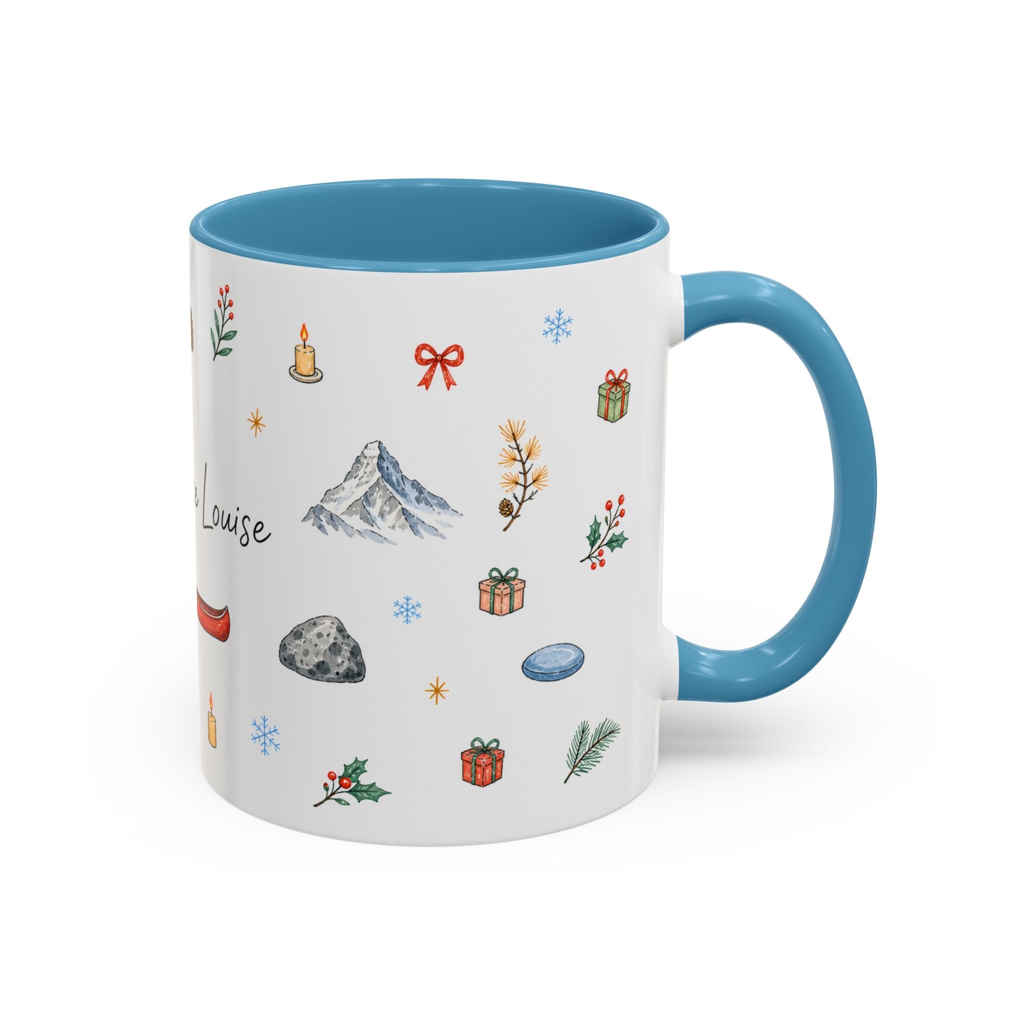 Banff Lake Louise Christmas Mug | Watercolor Travel Souvenir | Holiday Gift | Accent Ceramic Coffee Cup 11oz 15oz