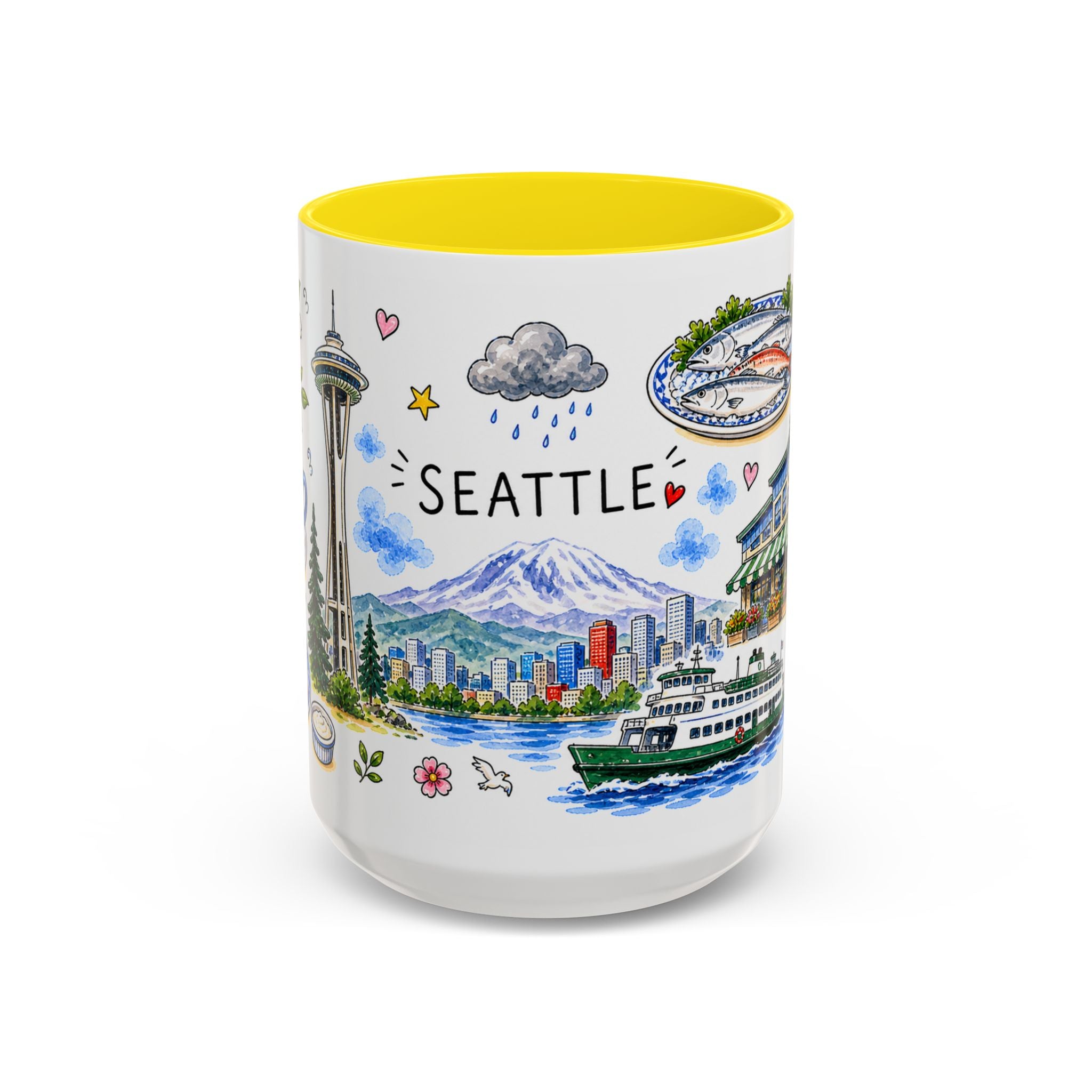 Seattle Illustrated Travel Mug | City Souvenir Accent Coffee Mug | 11oz 15oz Ceramic Cup