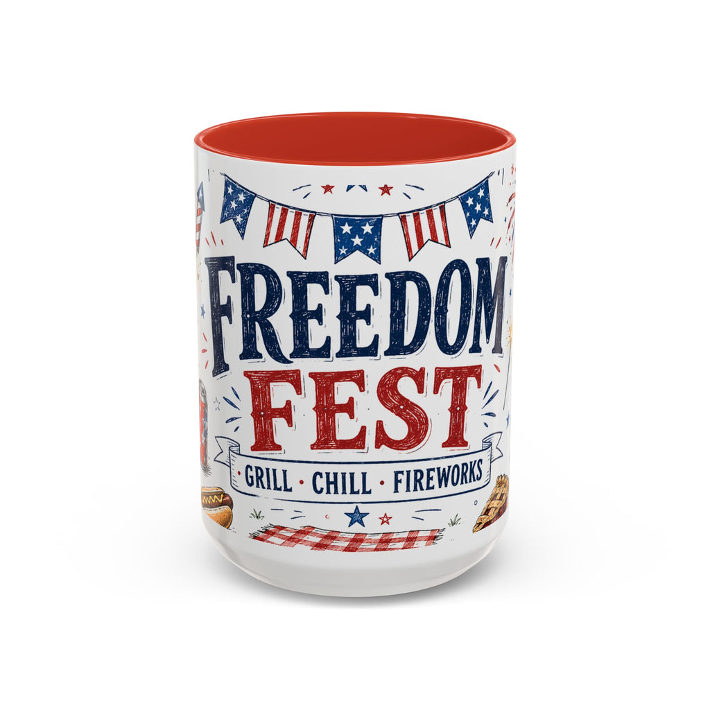 Freedom Fest Coffee Mug | Grill Chill Fireworks 4th of July | Accent Color Ceramic 11oz 15oz