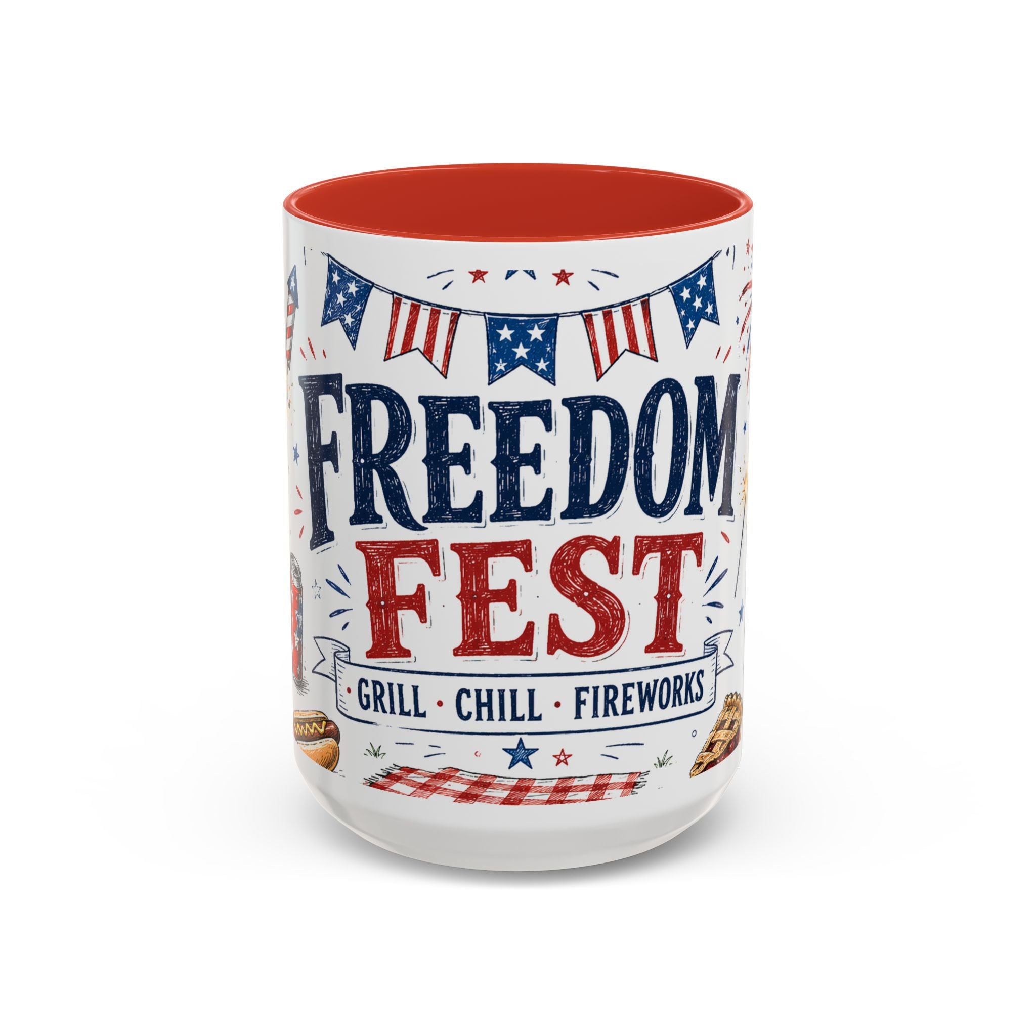 Freedom Fest Coffee Mug | Grill Chill Fireworks 4th of July | Accent Color Ceramic 11oz 15oz