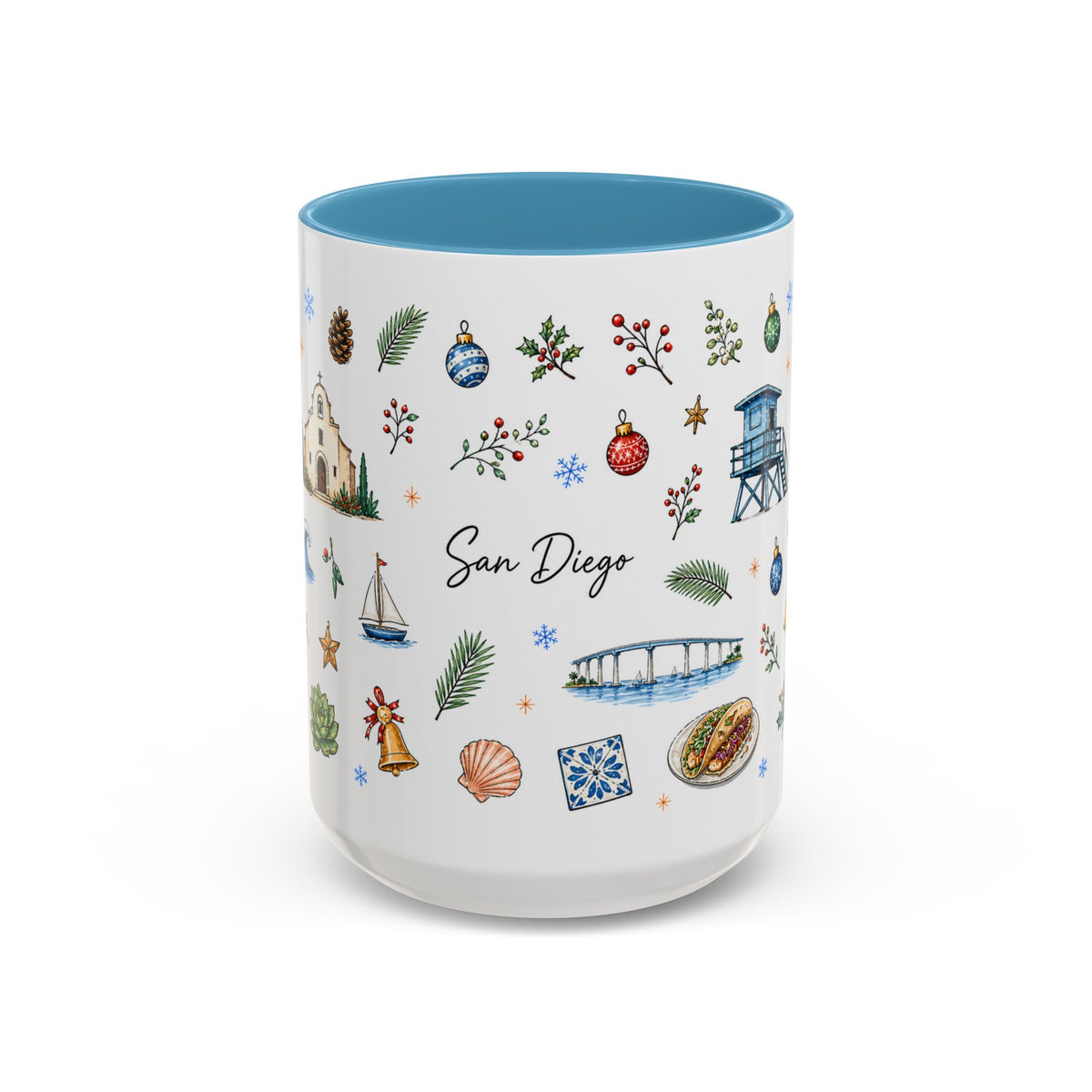 San Diego Christmas Mug | Watercolor City Souvenir, Holiday Travel Gift (11oz/15oz)