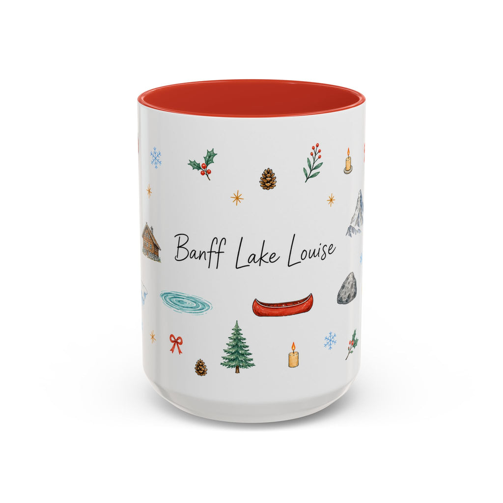 Banff Lake Louise Christmas Mug | Watercolor Travel Souvenir | Holiday Gift | Accent Ceramic Coffee Cup 11oz 15oz