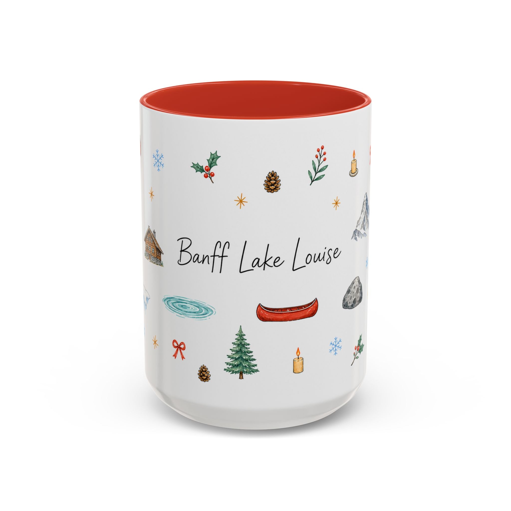 Banff Lake Louise Christmas Mug | Watercolor Travel Souvenir | Holiday Gift | Accent Ceramic Coffee Cup 11oz 15oz