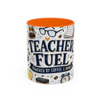Teacher Fuel Coffee Mug | Powered by Coffee and Wine Funny Gift | Accent Color Ceramic 11oz 15oz