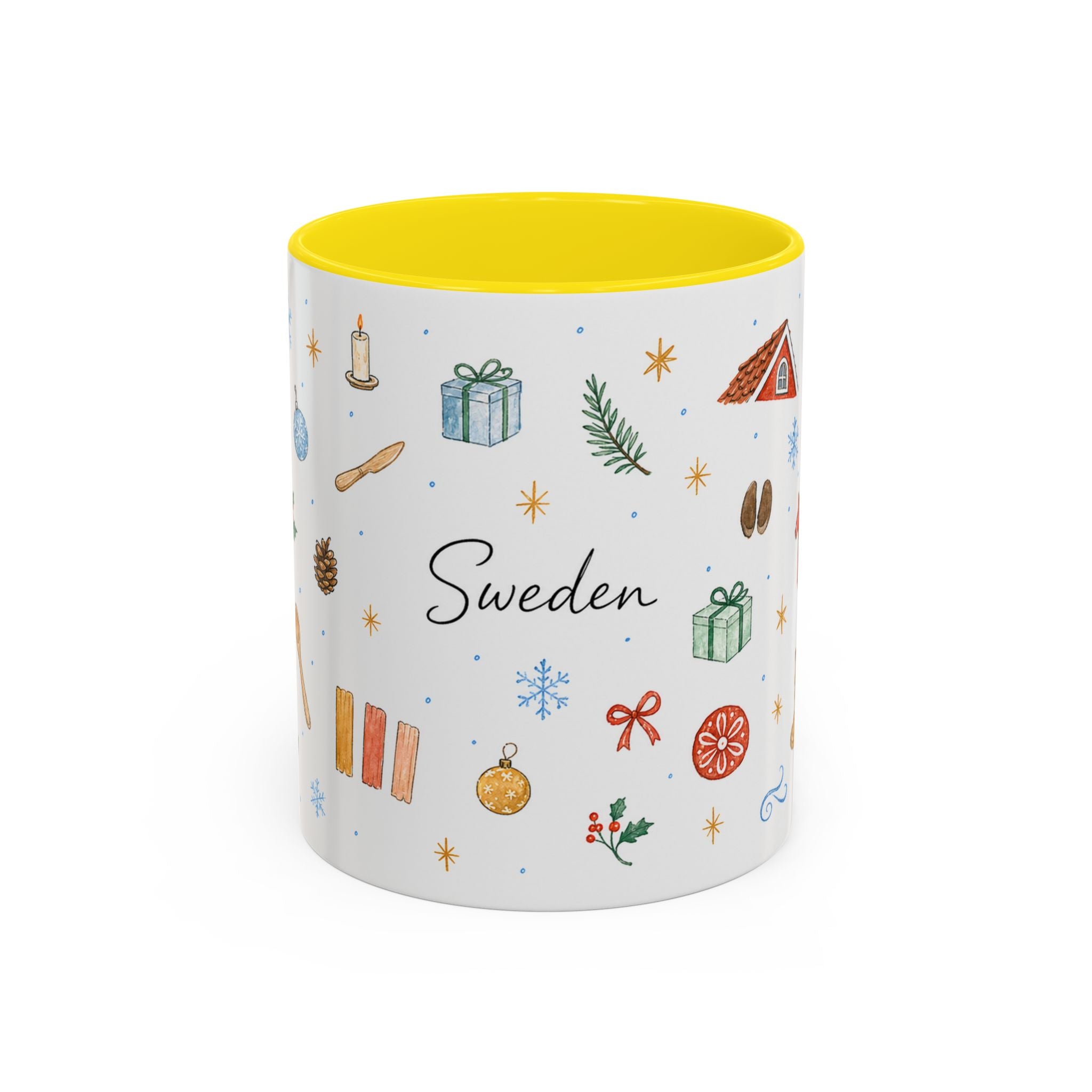 Sweden Christmas Mug | Watercolor Travel Souvenir | Holiday Gift | Accent Ceramic Coffee Cup 11oz 15oz