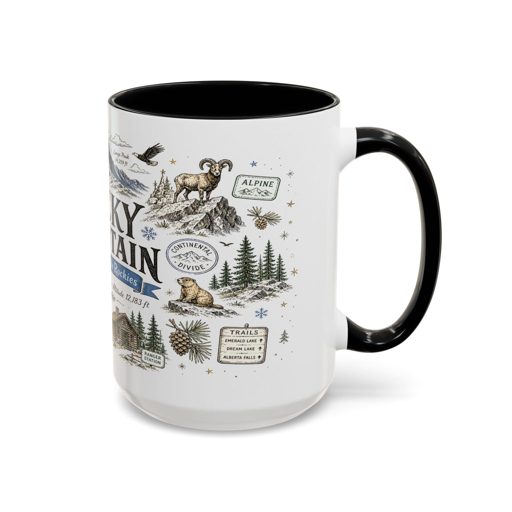 Rocky Mountain Coffee Mug | National Park Hiking Camping Gift | Accent Color Ceramic 11oz 15oz