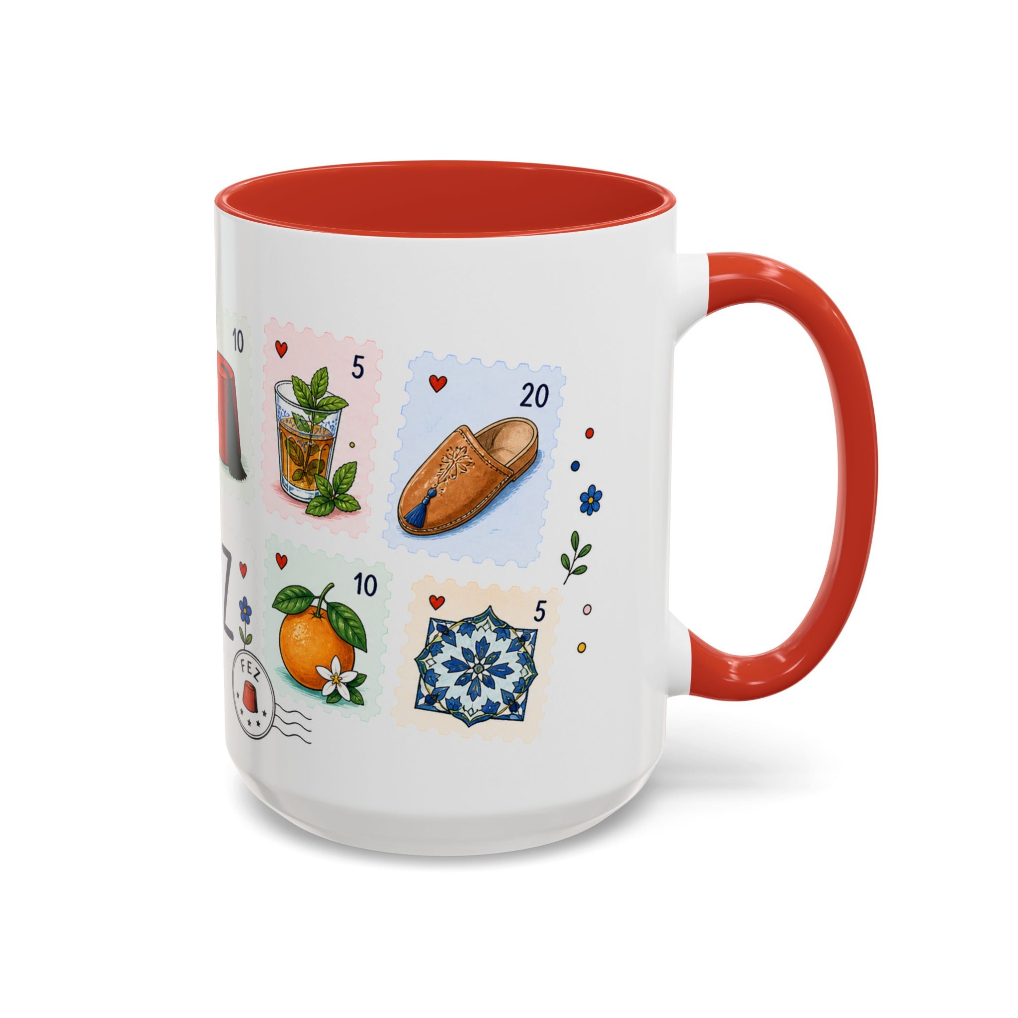 Fez Coffee Mug | Postage Stamp Collage Mug | Travel Souvenir Accent Cup 11oz 15oz