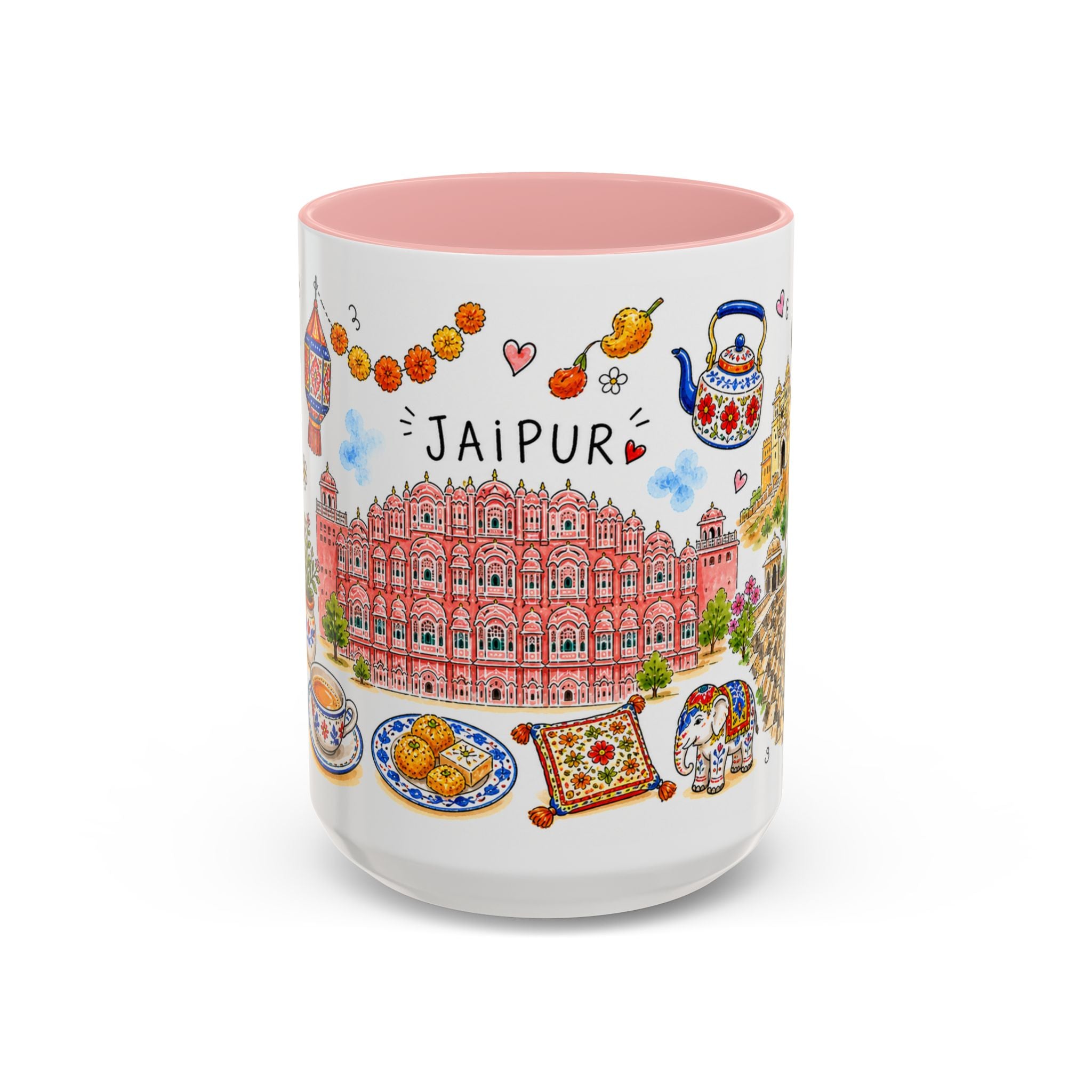 Jaipur Illustrated Travel Mug | City Souvenir Accent Coffee Mug | 11oz 15oz Ceramic Cup