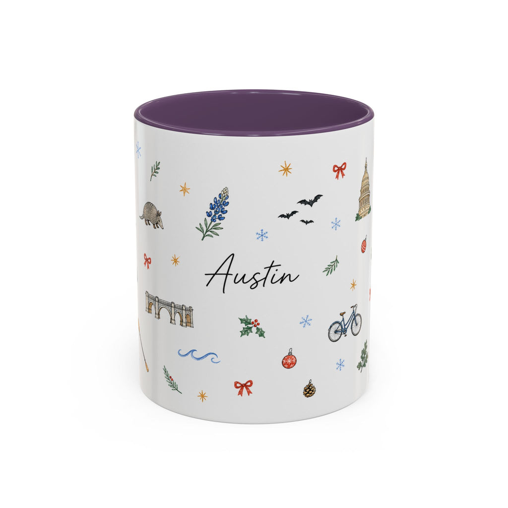 Austin Christmas Mug | Watercolor Travel Souvenir | Holiday Gift | Accent Ceramic Coffee Cup 11oz 15oz