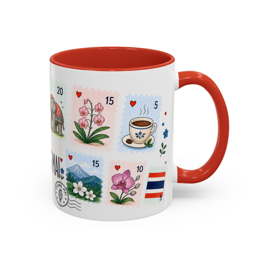 Chiang Mai Coffee Mug | Postage Stamp Collage Mug | Travel Souvenir Accent Cup 11oz 15oz
