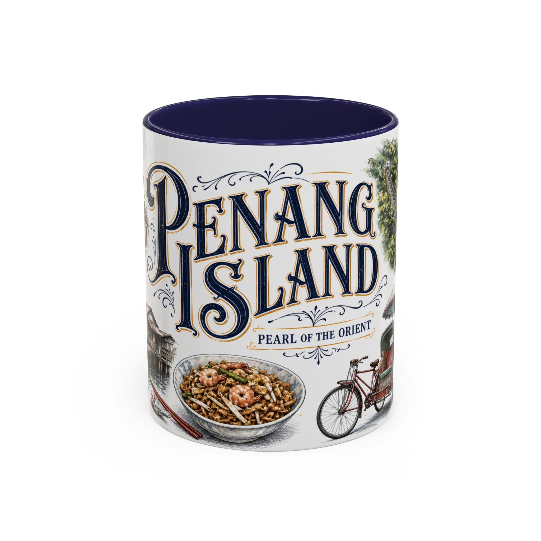 Penang Island Coffee Mug | Malaysia Travel Souvenir | Vintage Illustrated City Gift | 11 oz 15 oz Accent Mug