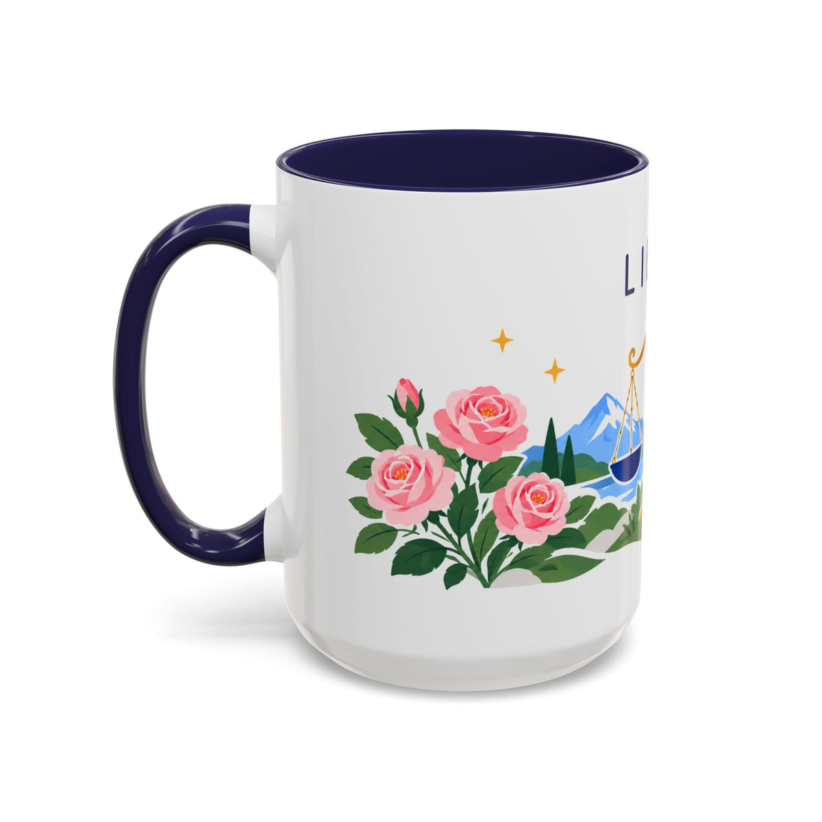 Libra Zodiac Coffee Mug | Scales and Rose Design | Astrology Birthday Gift | 11 oz 15 oz Ceramic Accent Mug